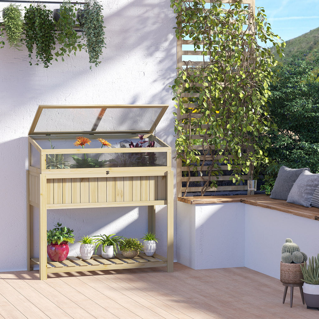 Raised Garden Bed, Outdoor Wooden & PVC Elevated Planter Box with Cold Frame Greenhouse and Storage Shelf, Natural
