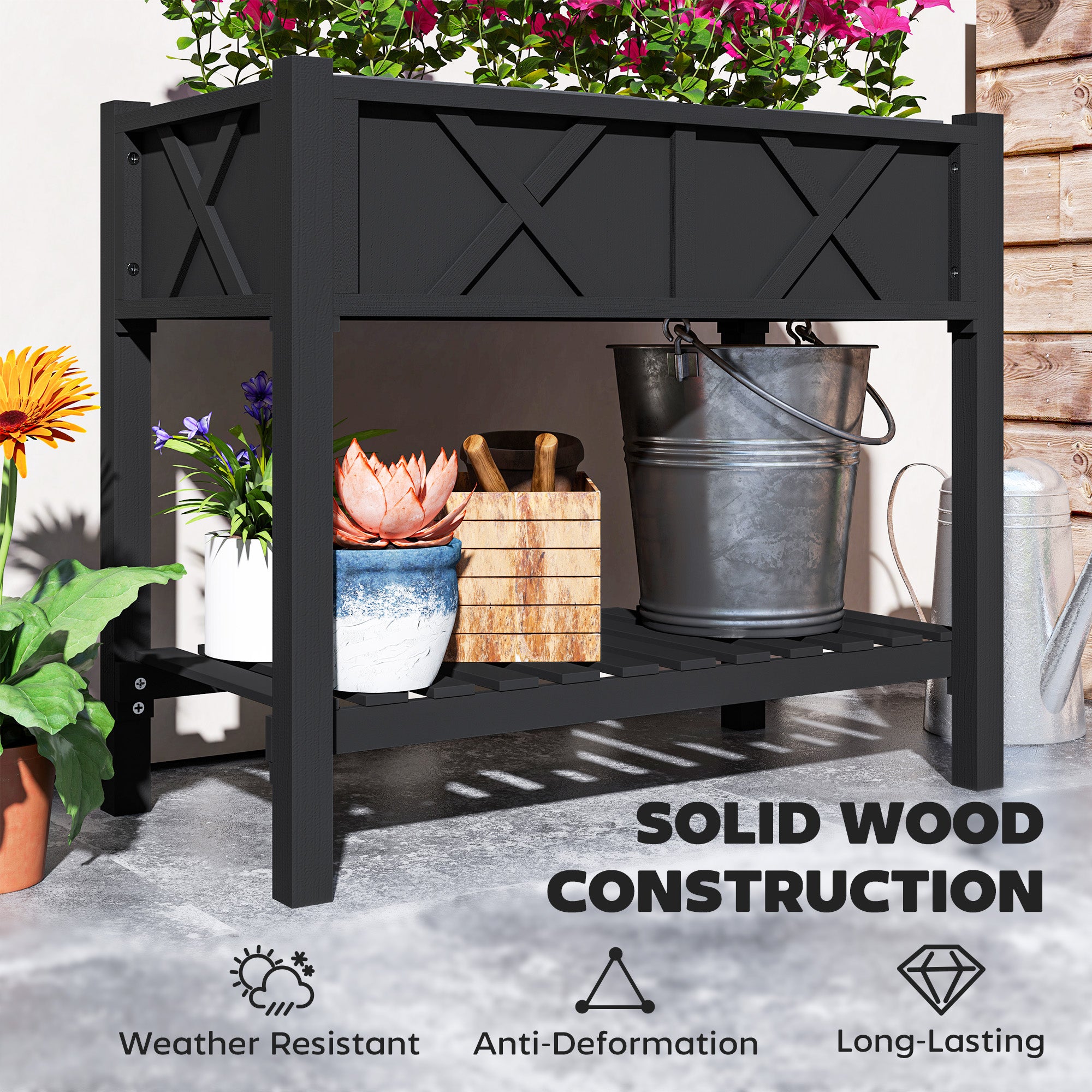 Wooden Raised Garden Bed, Elevated Planter Box with Storage Shelf, Drainage Holes and Liner, 34" x 18" x 30", Black