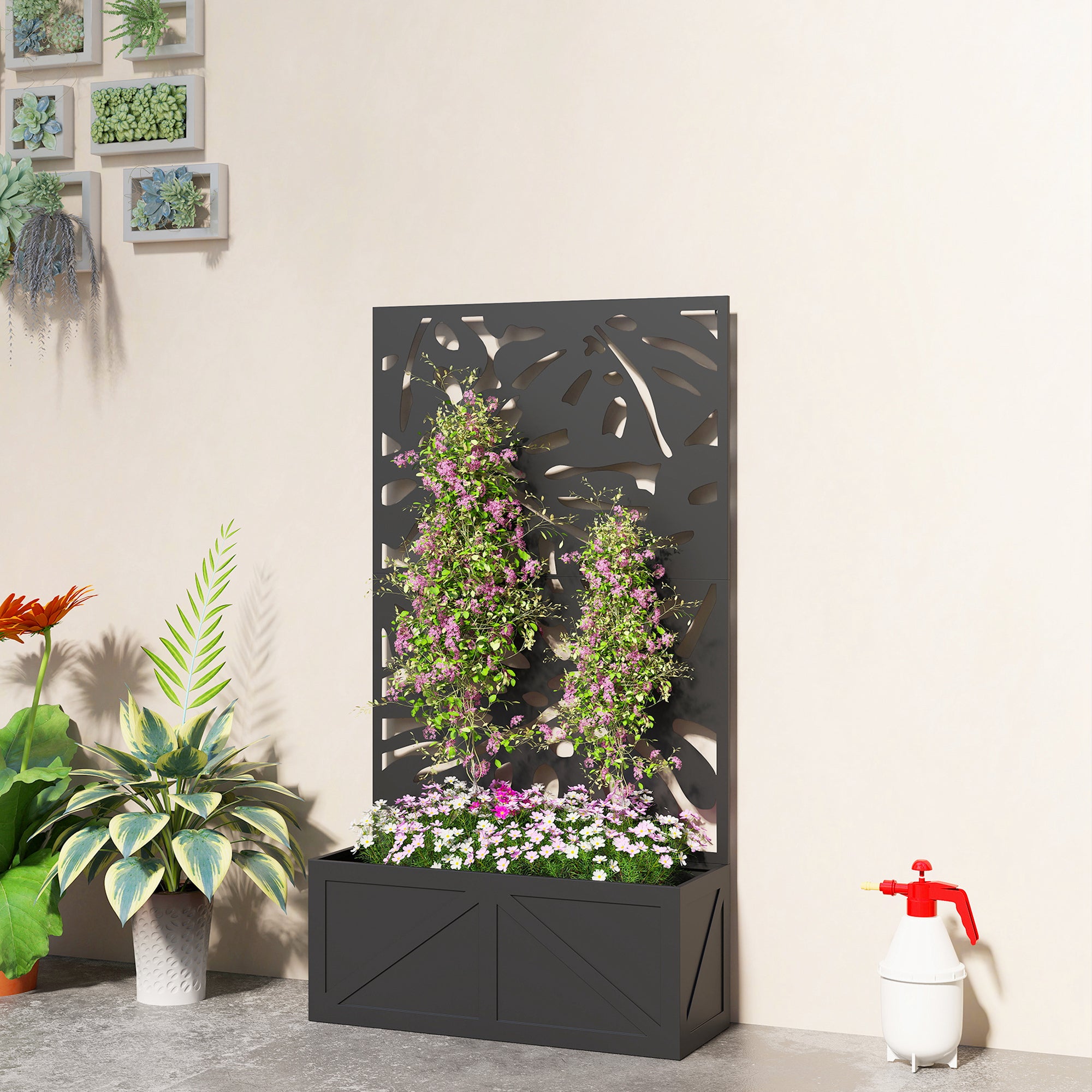 Metal Raised Garden Bed with Trellis for Climbing Plants, Freestanding or Wall Mounted Flower Bed with Privacy Panel