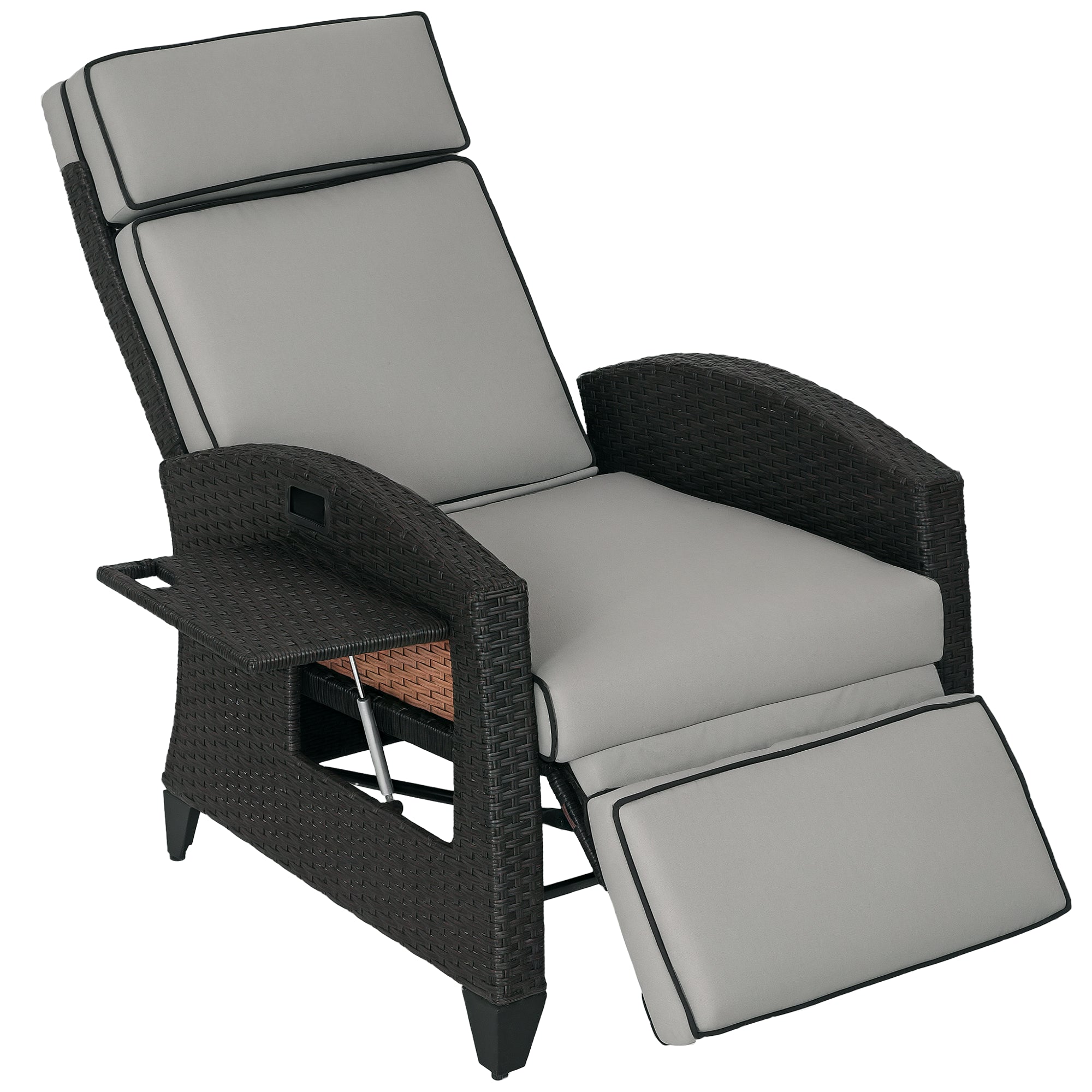 Wicker Recliner Chair with Adjustable Backrest and Footrest, Washable Cushion, Side Tray, Light Grey
