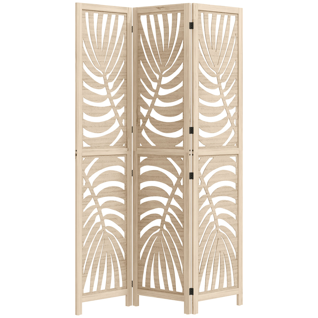 3 Panel Room Divider, Detachable Folding Privacy Screens with Palm Leaf Design for Home Office, Natural Wood Finish