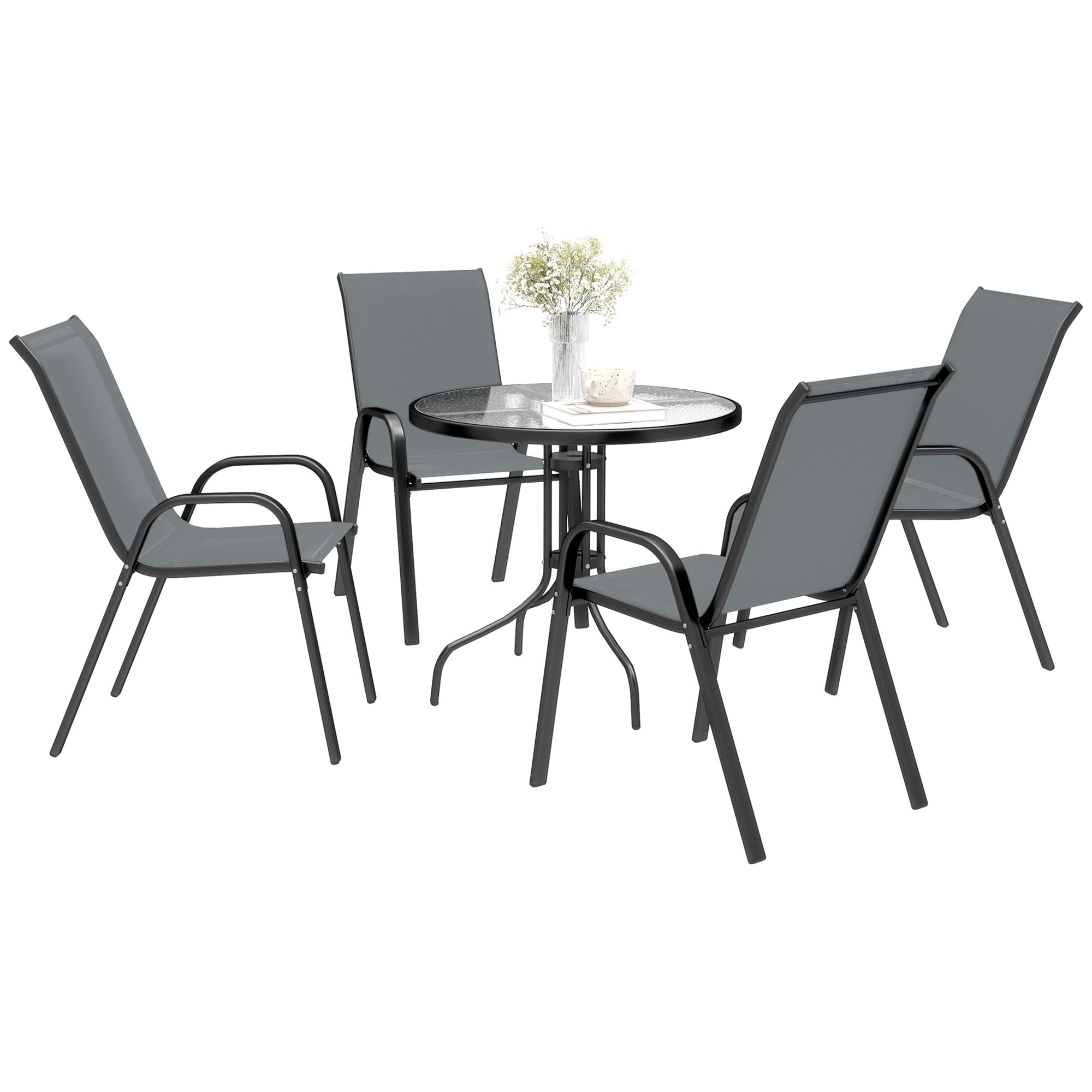 Five-Piece Steel Patio Set, with Glass-Top Table - Dark Grey