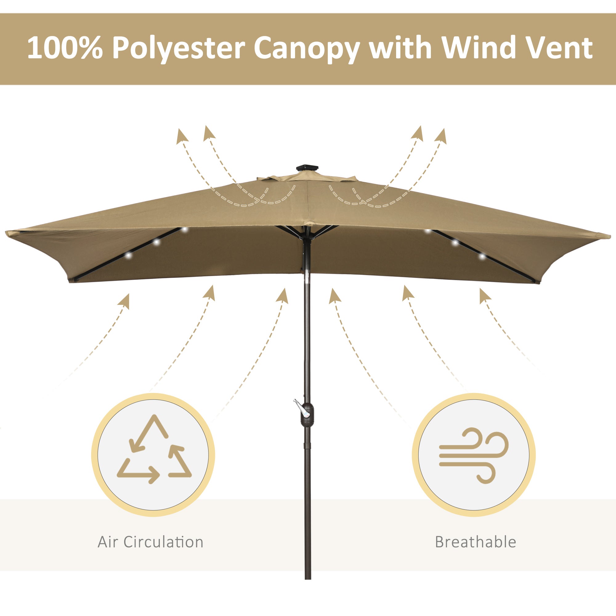 6.5x10ft Patio Umbrella Rectangle Solar Powered Tilt Aluminum Outdoor Market Parasol with LEDs Crank (Light Coffee)