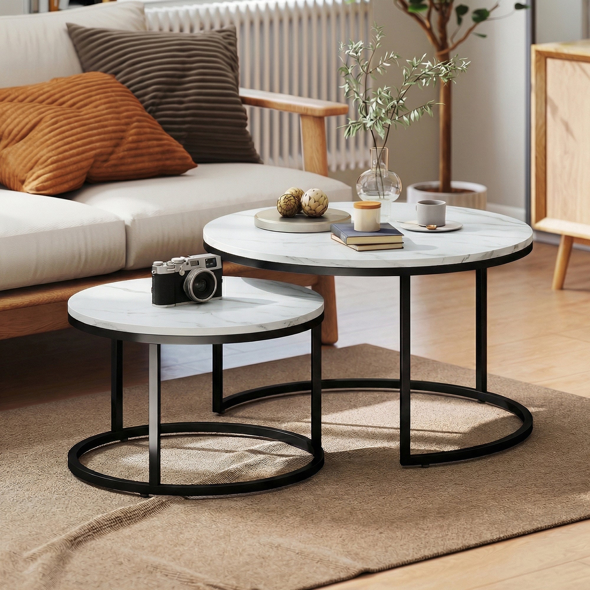 Modern Coffee Table Set of 2, Nesting Side Tables w/ Metal Base for Living Room Bedroom Office Marble White