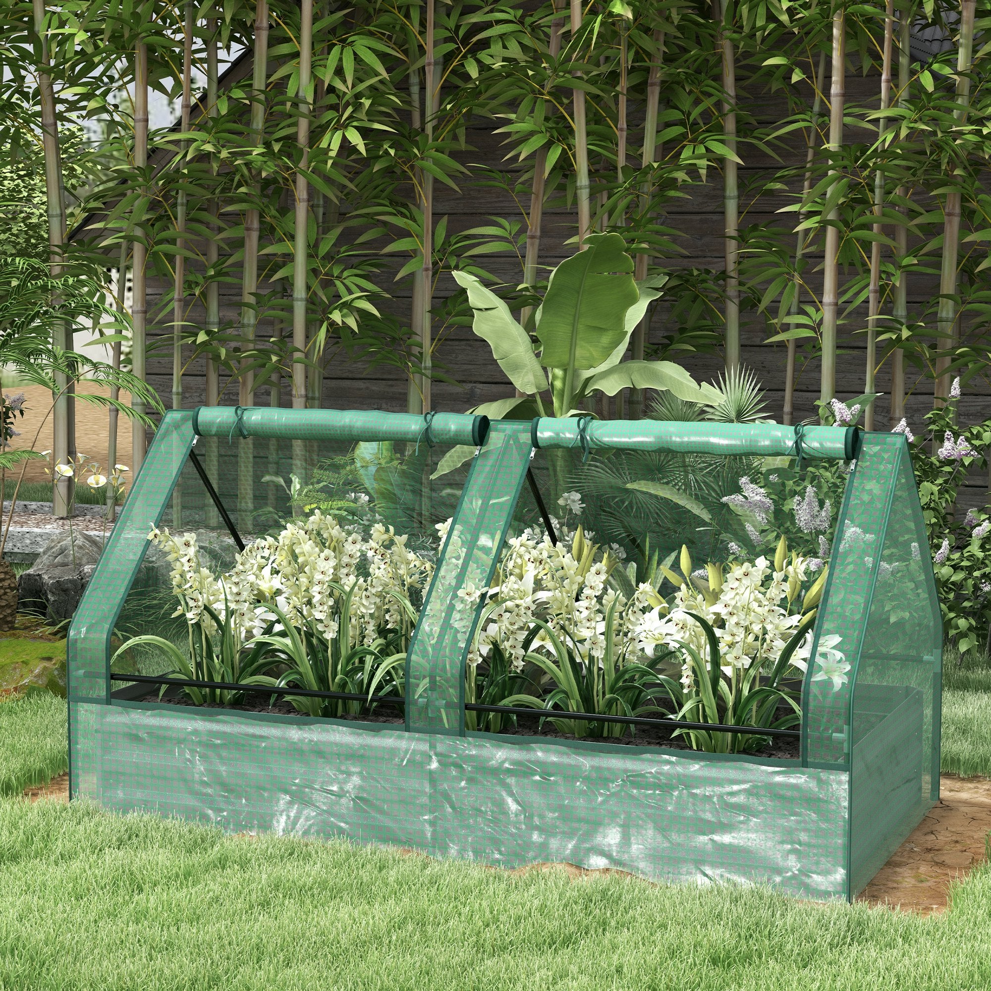 6' x 3' Metal Planter Box with Cover, Raised Garden Bed with Mini Greenhouse for Herbs, Vegetables, Green and Silver