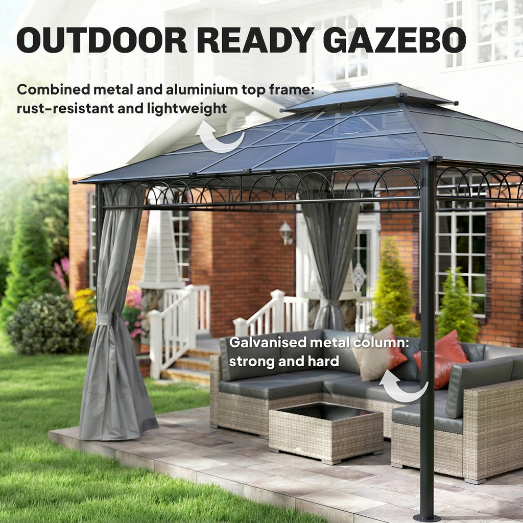 10' x 12' OutdoorÂ Hardtop Gazebo Canopy w/Â Double PC Roof, Steel Frame, Nettings,Â Curtains forÂ GardenÂ LawnÂ Deck, Grey