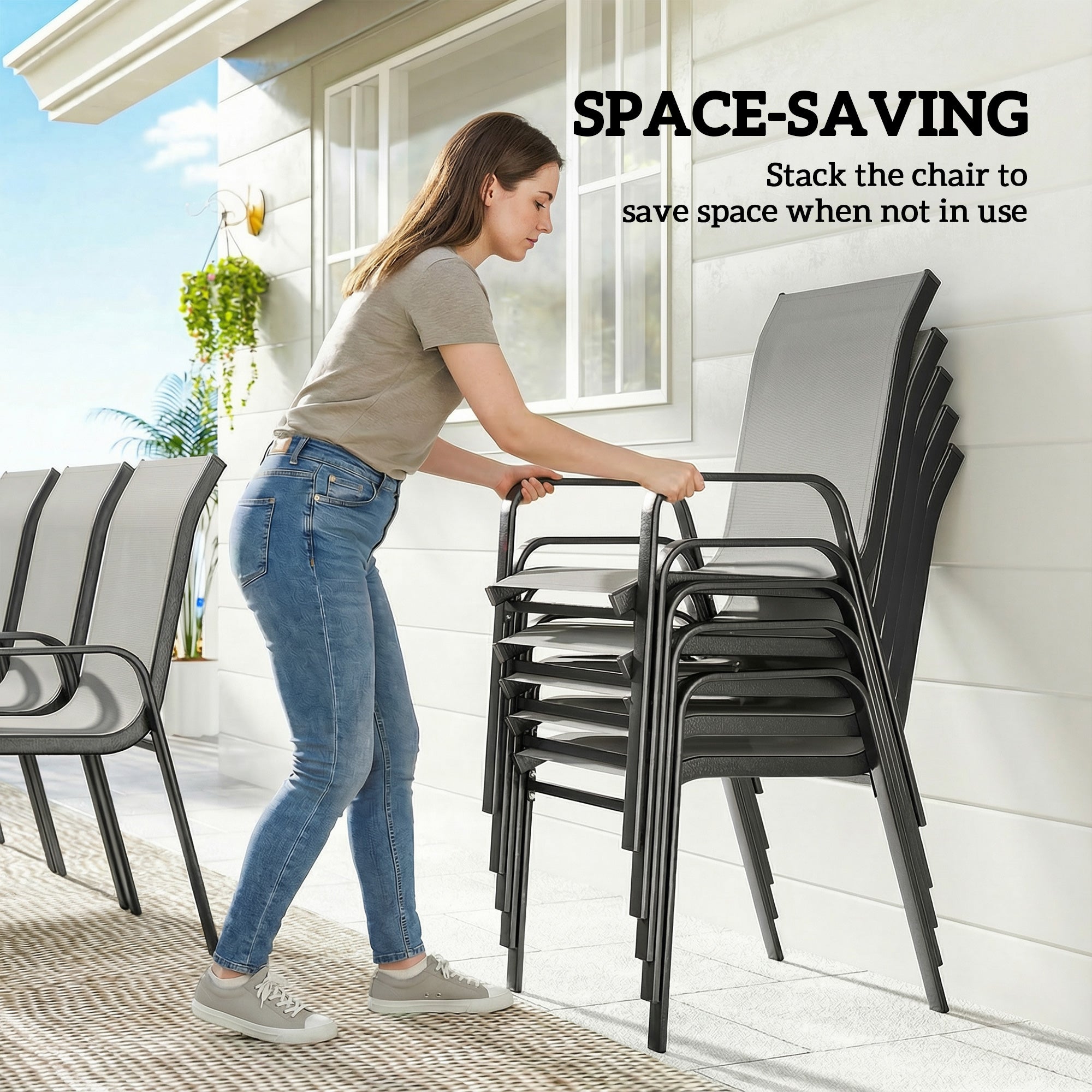 9 Pieces Patio Set with Stackable Chairs, Patio Dining Set with Glass Top for Garden, Patio, Backyard, Light Grey