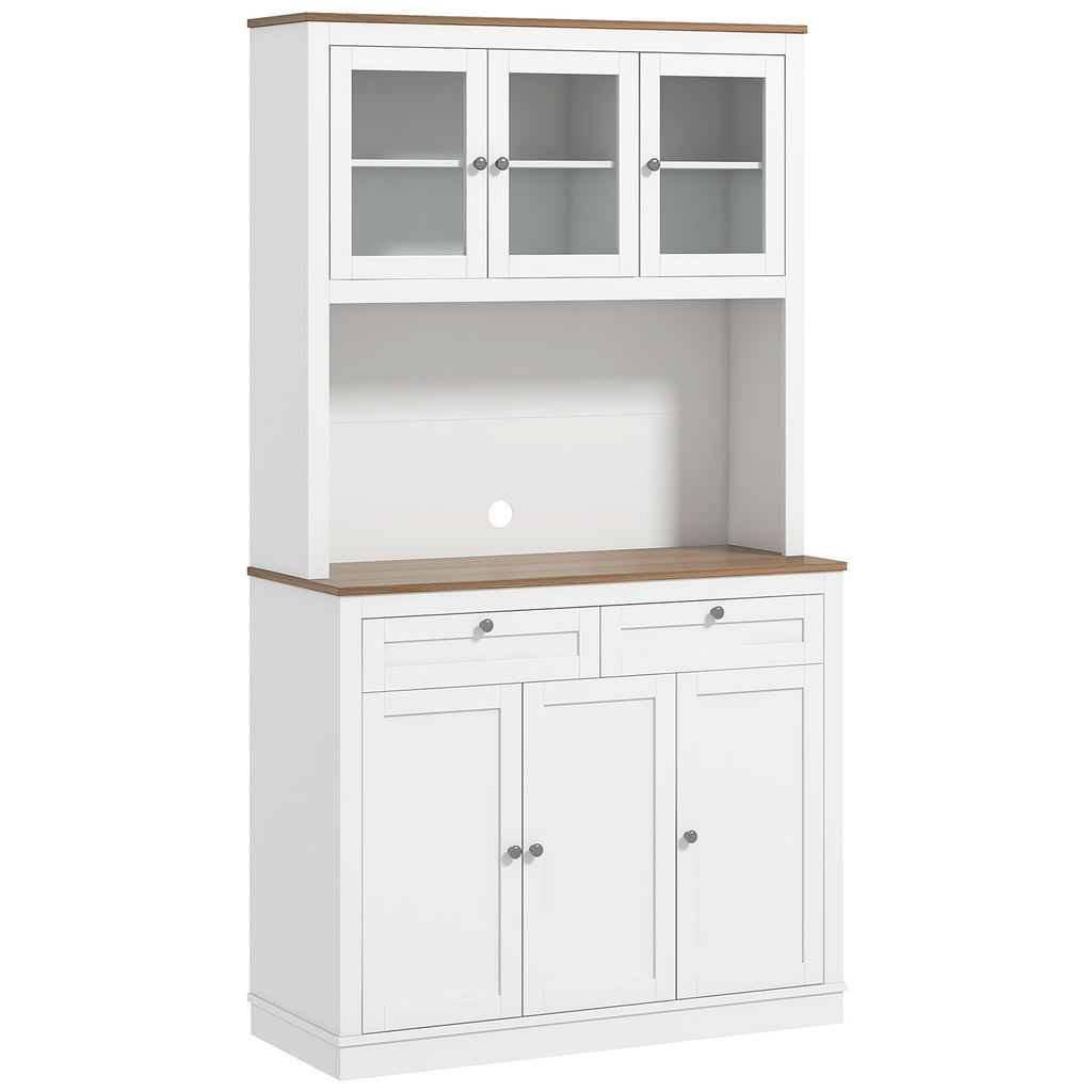 71" Pantry Cabinet with Microwave Space, Kitchen Cabinet with Hutch, 2 Drawers, Adjustable Shelves, Glass Doors, White