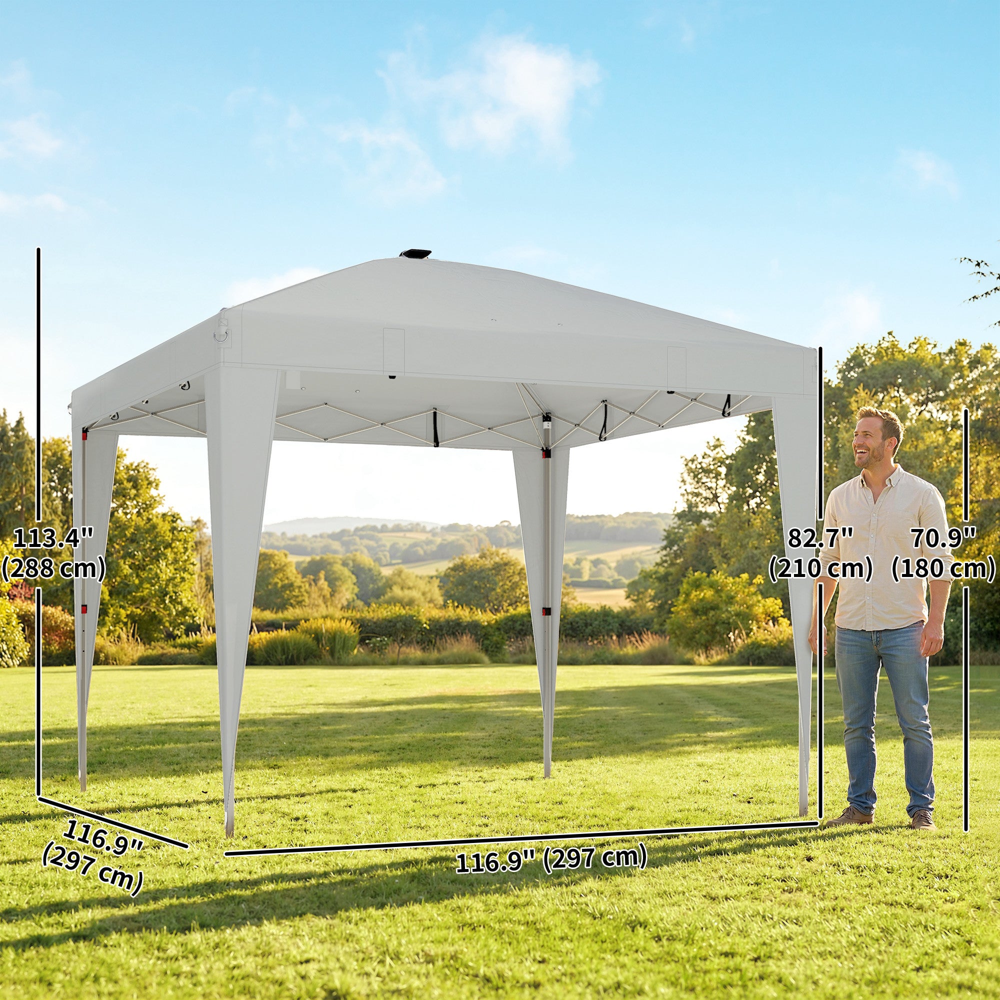 10 x 10 ft Pop Up Canopy Tent with Central Light, UPF 50+ Instant Portable Canopy Shelter with Remote, Light Grey