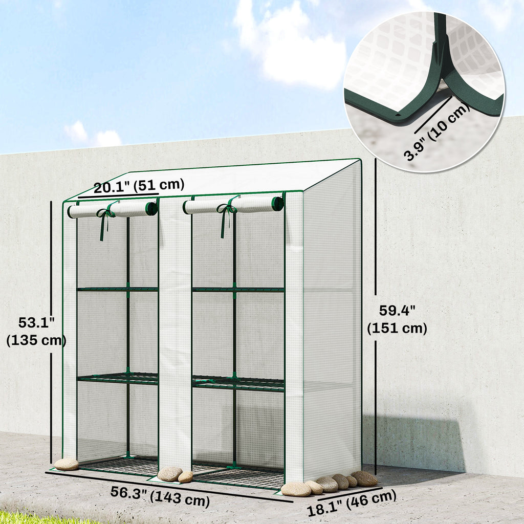 Portable Mini Greenhouse Green House with 3 Tier Shelves, Reinforced PE Cover, Roll-up Doors, 56.3"x18.1"x59.4", White