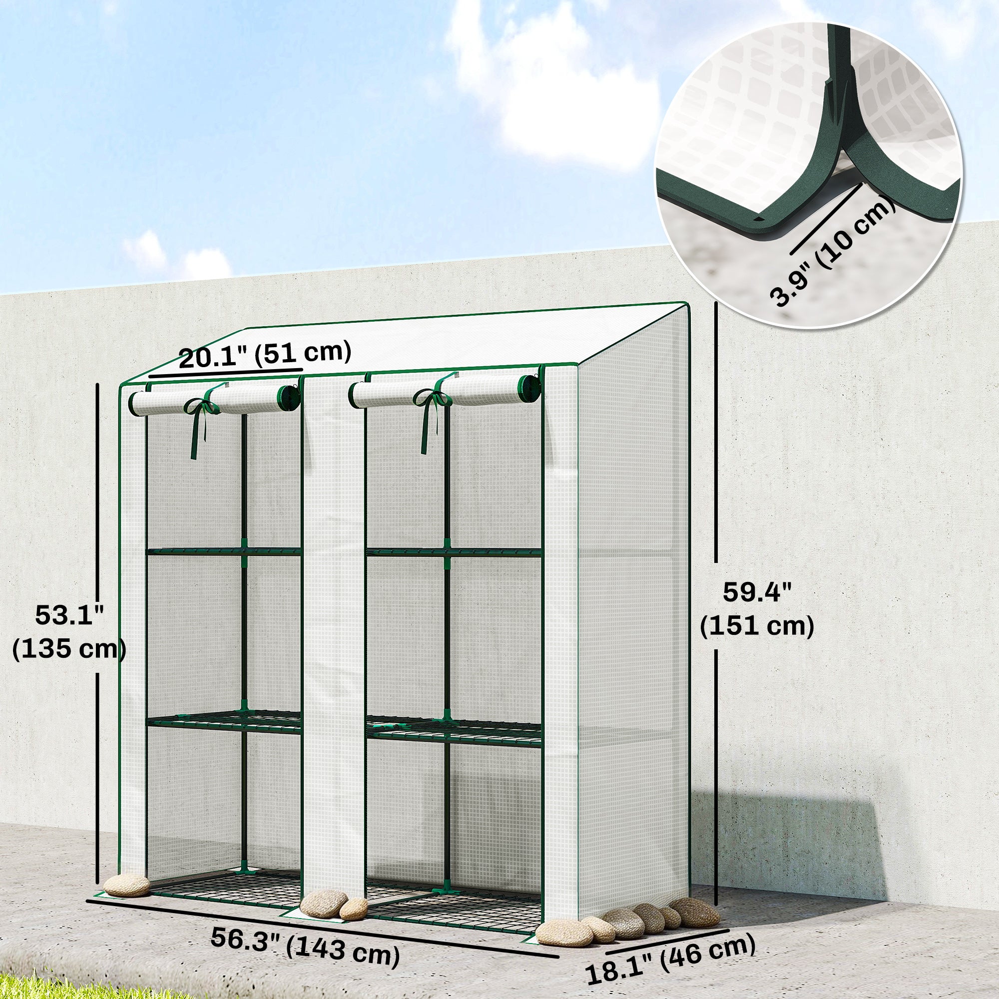 Portable Mini Greenhouse Green House with 3 Tier Shelves, Reinforced PE Cover, Roll-up Doors, 56.3"x18.1"x59.4", White