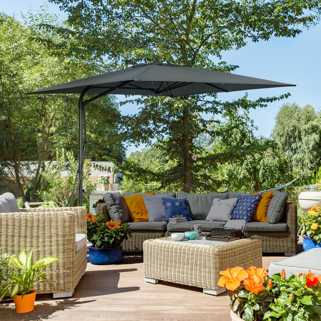 8FT Cantilever Patio Umbrella, Offset Patio Umbrella with Cross Base for Deck, Backyard, Pool and Garden, Hanging Umbrellas, Switch with a Wrench, Dark Gray