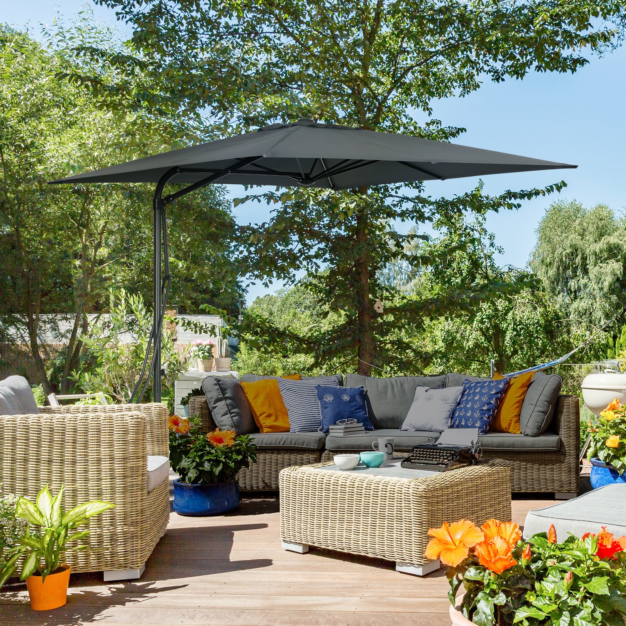 8FT Cantilever Patio Umbrella, Offset Patio Umbrella with Cross Base for Deck, Backyard, Pool and Garden, Hanging Umbrellas, Switch with a Wrench, Dark Gray