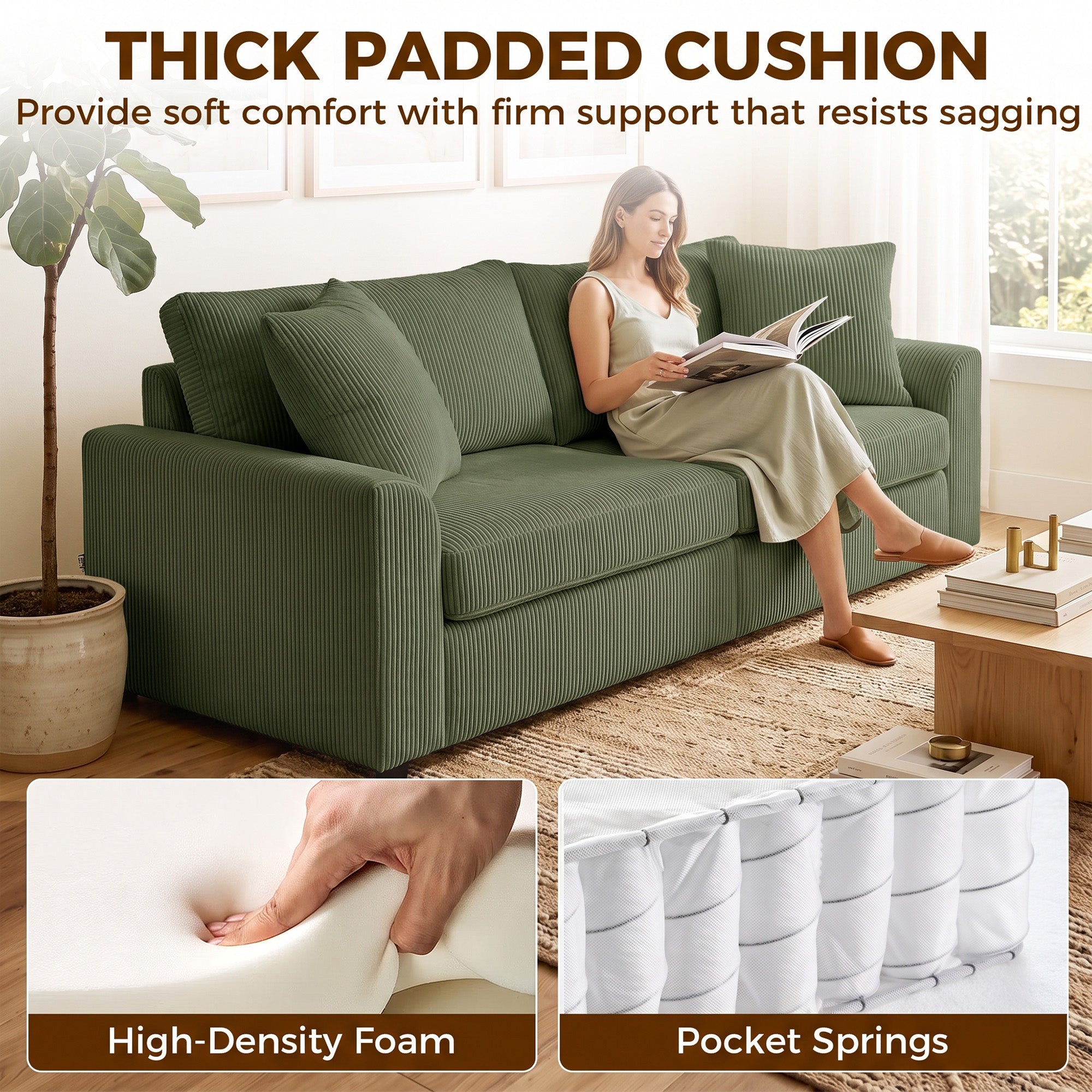 3 Seater Sofa, 83.5" Modern Upholstered Couch with Pocket Spring and 2 Scatter Cushions for Living Room, Green
