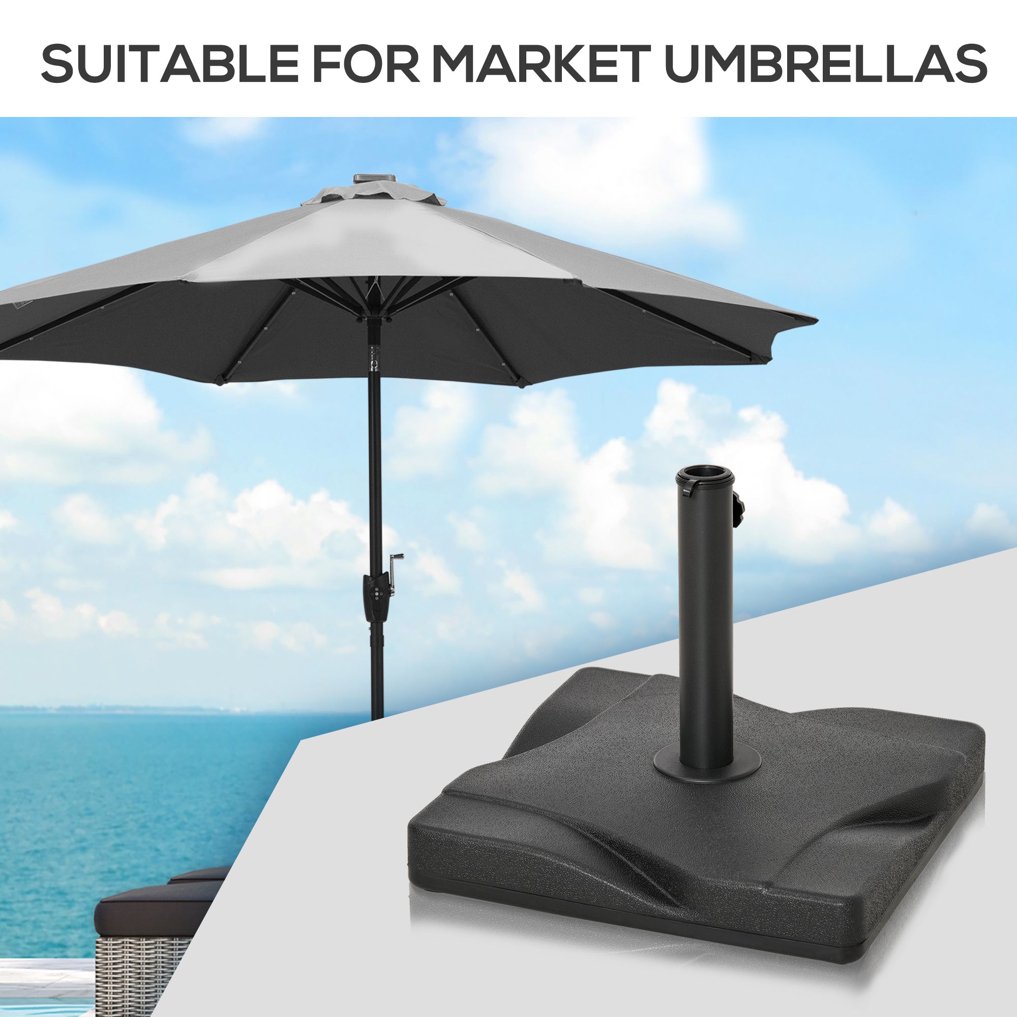 44lbs Square Cement Patio Umbrella Base Stand, Outdoor Garden Parasol Base Umbrella Weight Stand Holder Fits Î¦1.3", Î¦1.5" and Î¦2.0" Pole - Black