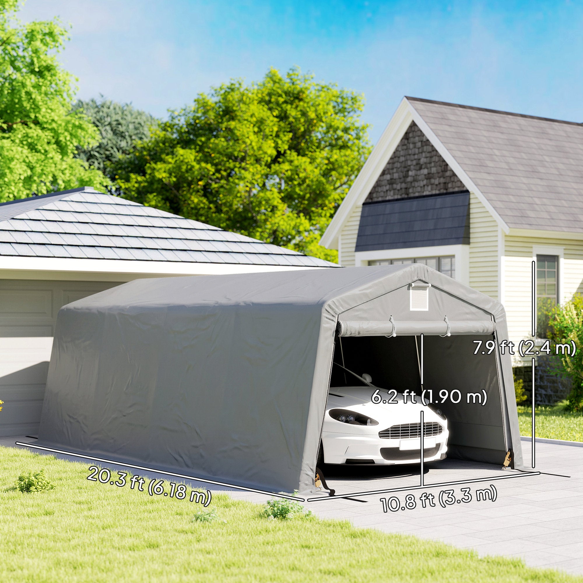 11' x 20' Portable Garage, Heavy Duty Carport Canopy with Ventilation Windows and Large Roll-up Door, Grey