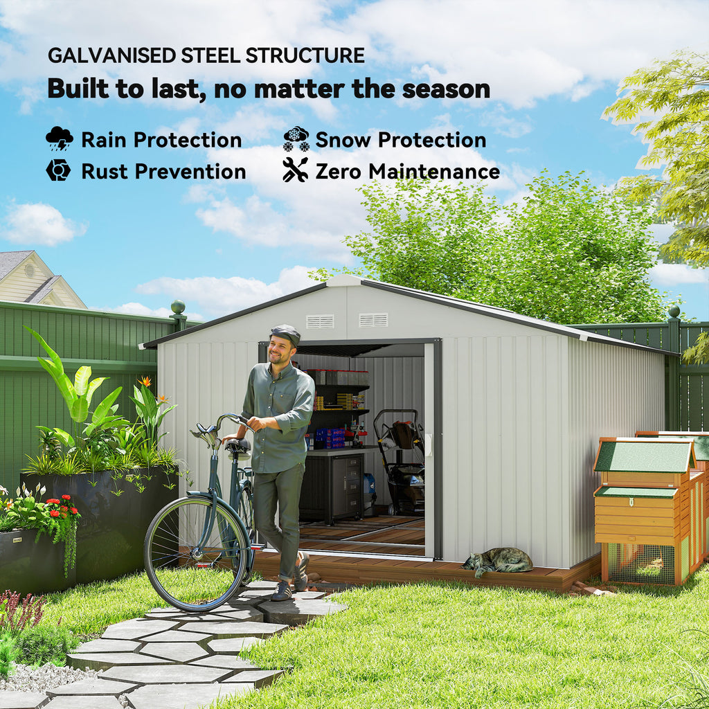 11' x 13' Garden Storage Shed w/ Foundation Kit Metal Tool Storage House w/ Double Doors White