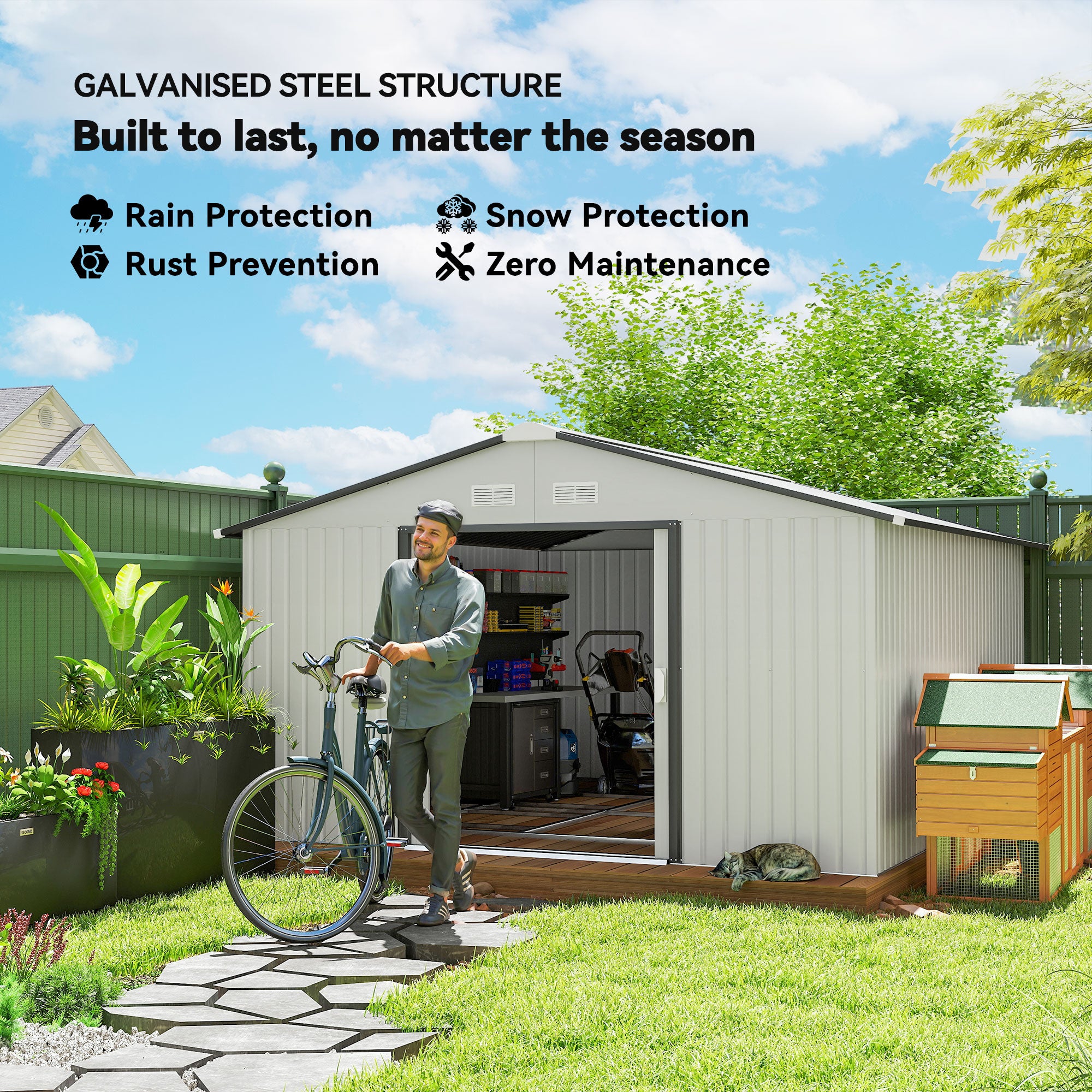 11' x 13' Garden Storage Shed w/ Foundation Kit Metal Tool Storage House w/ Double Doors White