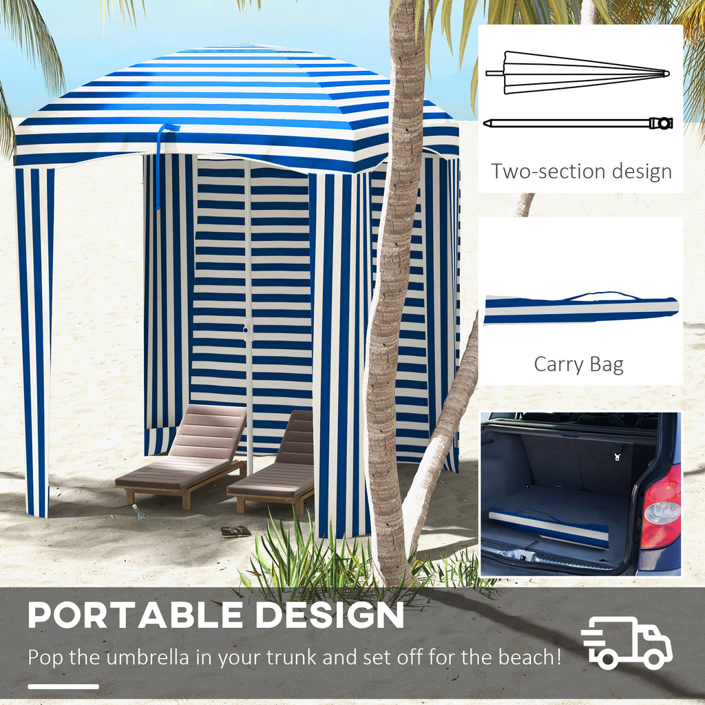 70.1" L x 70.1" W Cabana Umbrella with Walls, Vents, Ruffles, Carry Bag, Beach Umbrella, Blue White Stripe