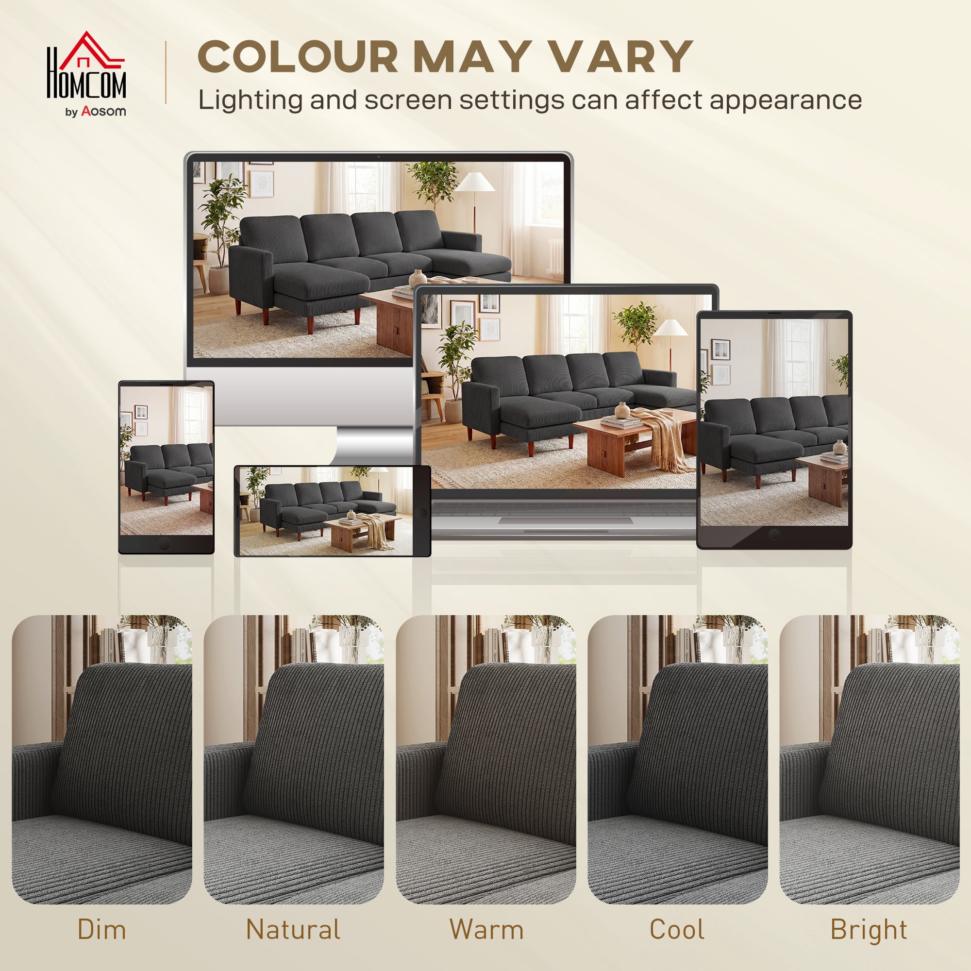 Sectional Sofa, Corduroy U Shaped Couch with Double Chaise and Spring Cushions, 2200lb Capacity, Dark Grey
