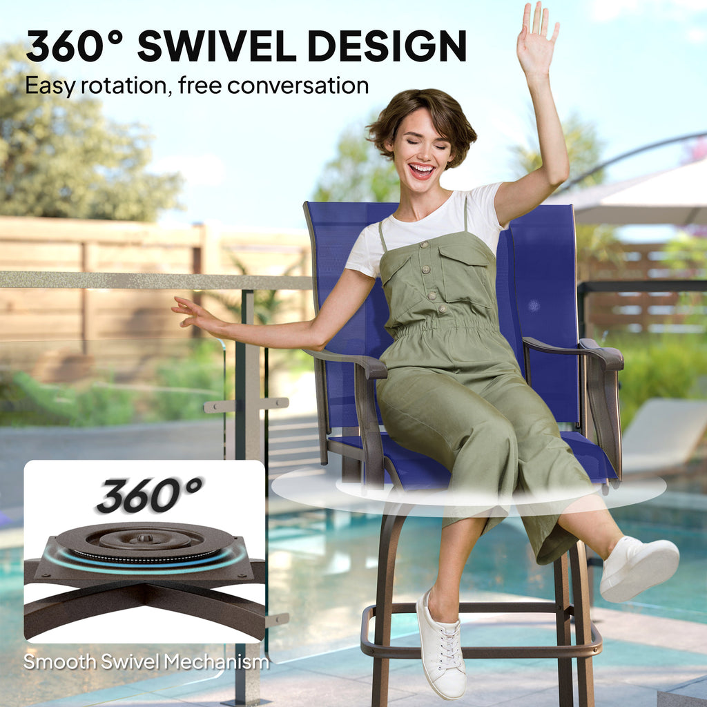 Outdoor Bar Stools Set of 2, Swivel Bar Height Chairs with High Back, Curved Armrests and Steel Frame, Navy Blue