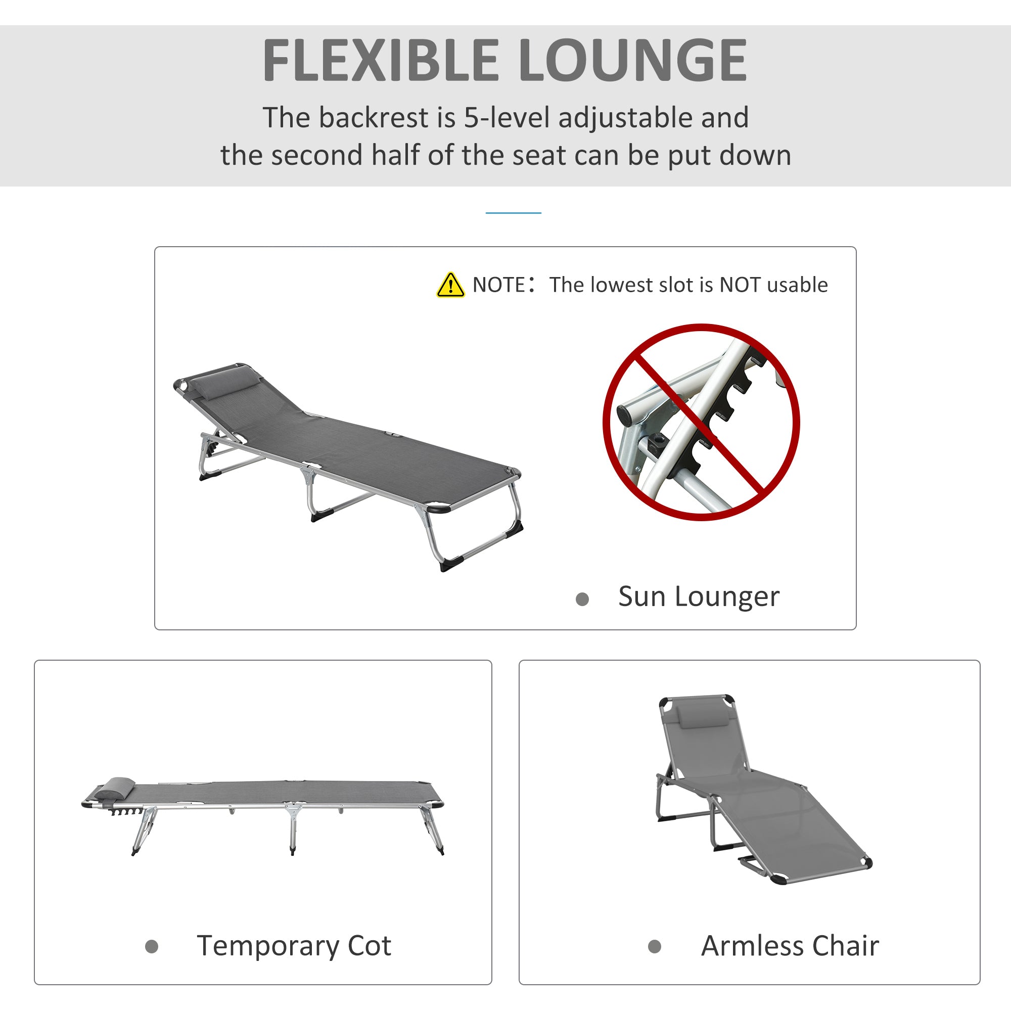 Folding Lounge Chair, Aluminum Frame Tanning Chair, Patio Lounger with Headrest, 5-Level Adjustable Backrest, Grey