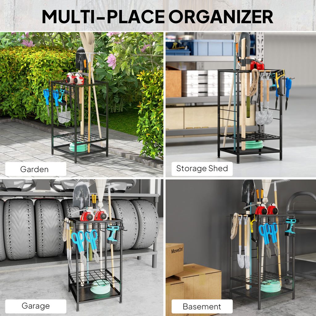 3-Tier Yard Tool Tower Rack, Garden Tool Organizer with 14 Hooks for Long-Handled Rakes, Shovel, Broom, Black
