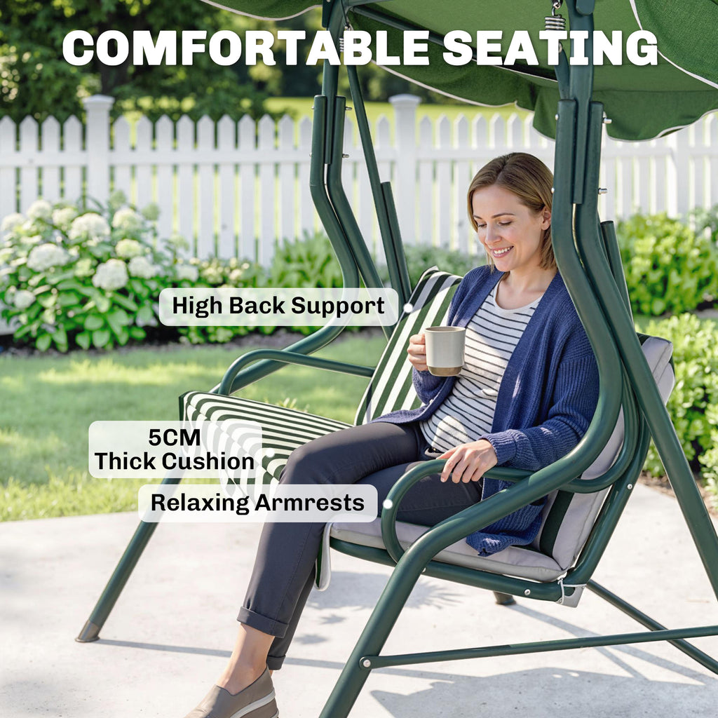 Outdoor Porch Swing with Adjustable Canopy, 3-Seater Patio Swing Chair with Cushion, Green