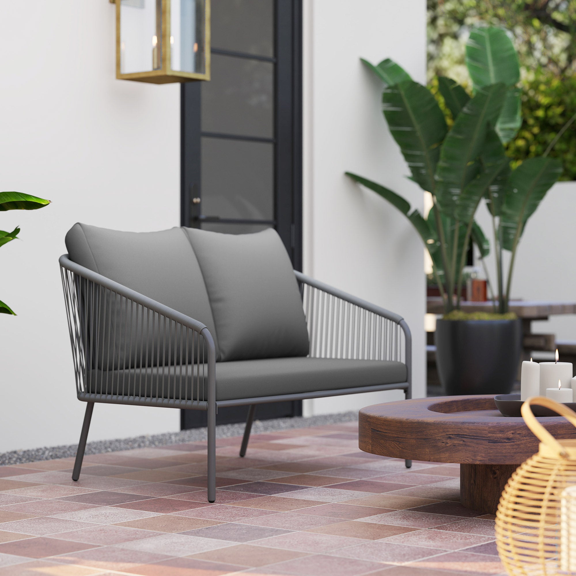 Garden Sofa with Cushions, 2-Seater Outdoor Balcony Rattan Sofa, 112 x 72 x 76 cm, Grey