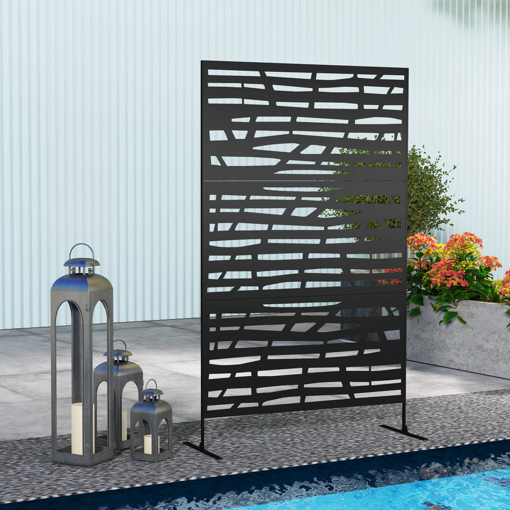 Decorative Outdoor Privacy Panel with Stand, Freestanding Metal Outdoor Divider for Garden, Backyard, Deck, Black