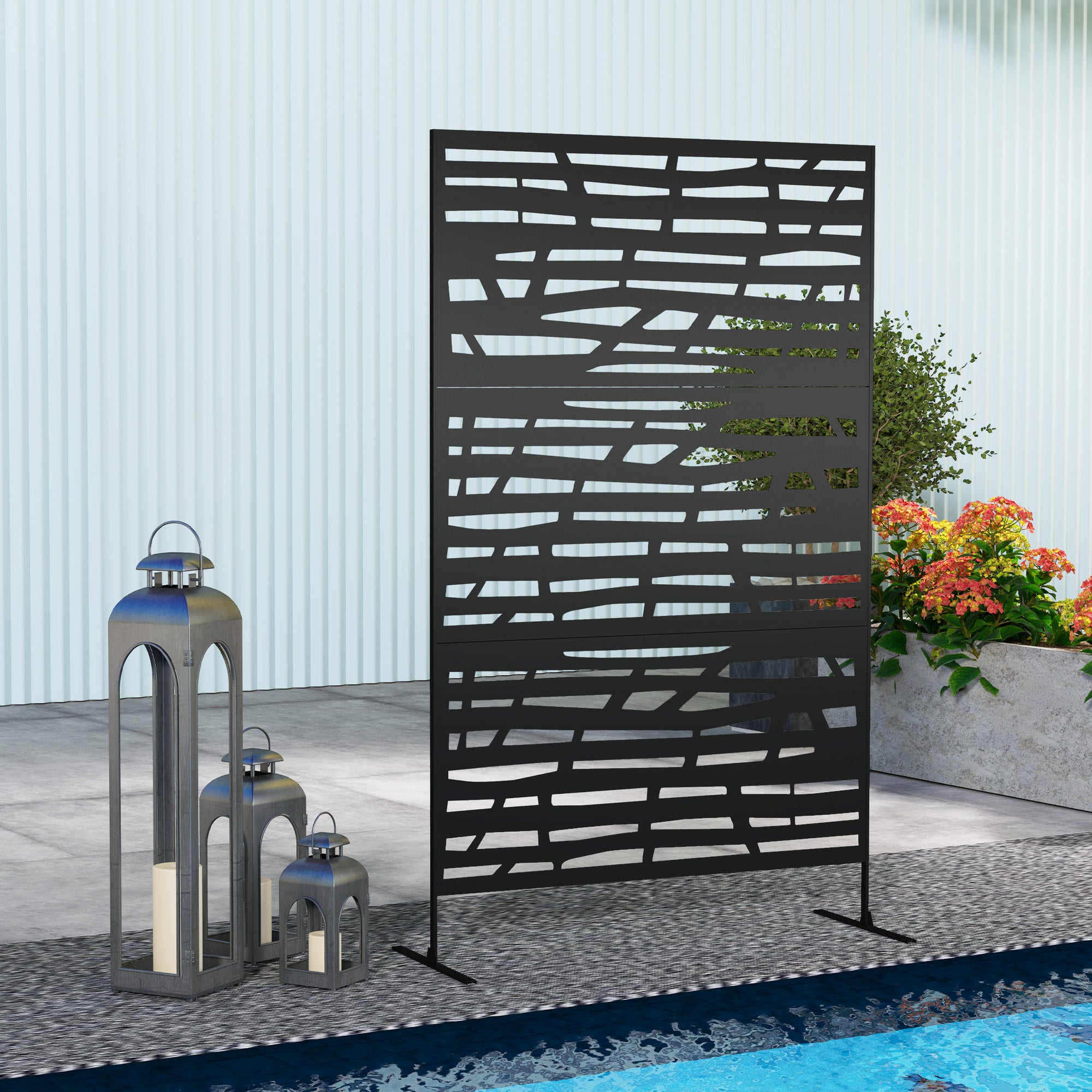 Decorative Outdoor Privacy Panel with Stand, Freestanding Metal Outdoor Divider for Garden, Backyard, Deck, Black
