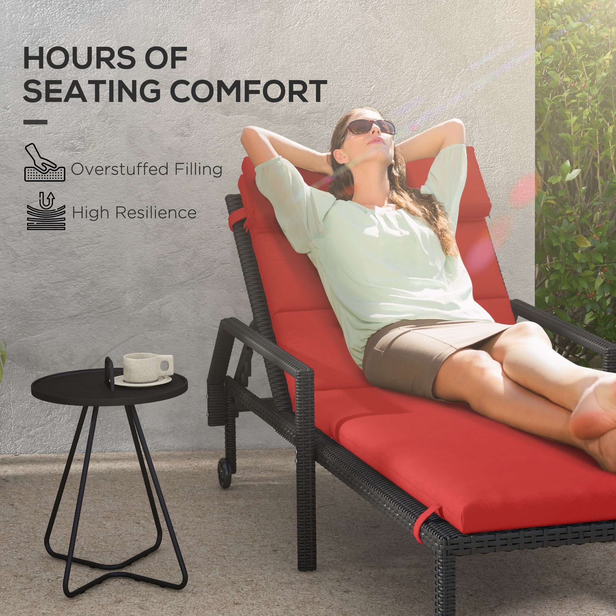 Patio Chaise Lounge Chair Cushion Replacement Sun Lounger Pads with Headrest and Ties, Wine Red