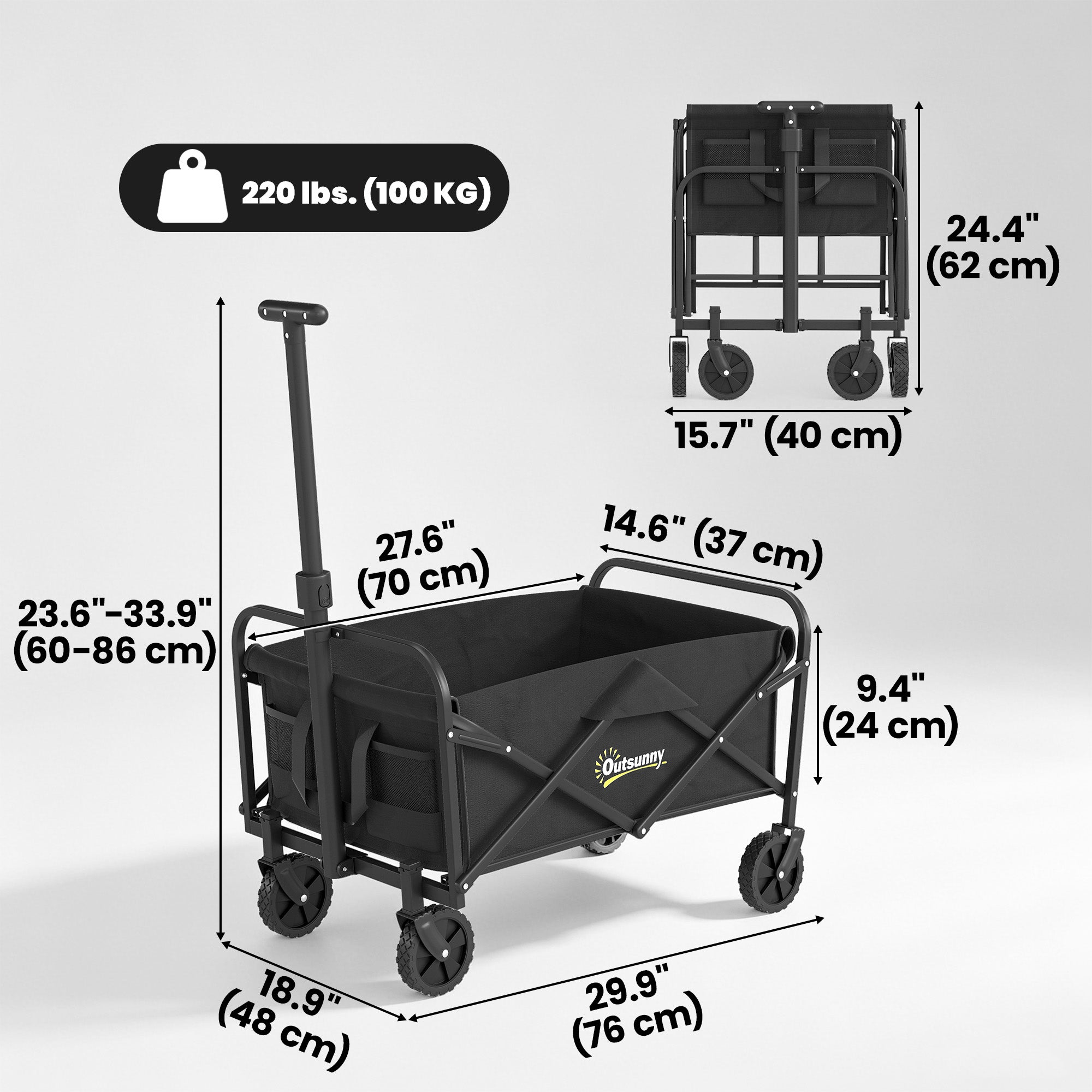Collapsible Folding Garden Cart, Heavy Duty Lawn Wagon with Universal Wheels and Adjustable Handle, Black