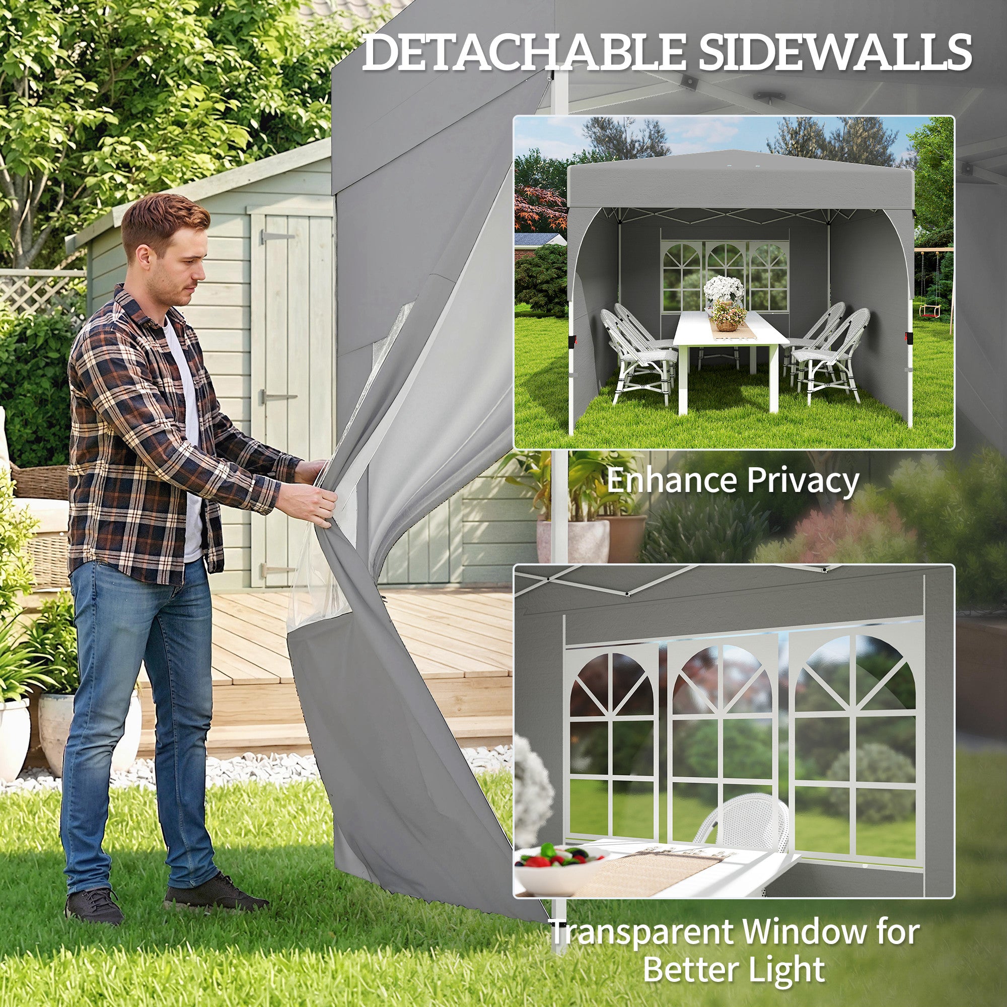 9.6 x 9.6 ft Pop Up Canopy Tent with 3 Sidewalls, UPF 50+ 1-Button Push Easy Setup Outdoor Instant Canopy, Light Grey