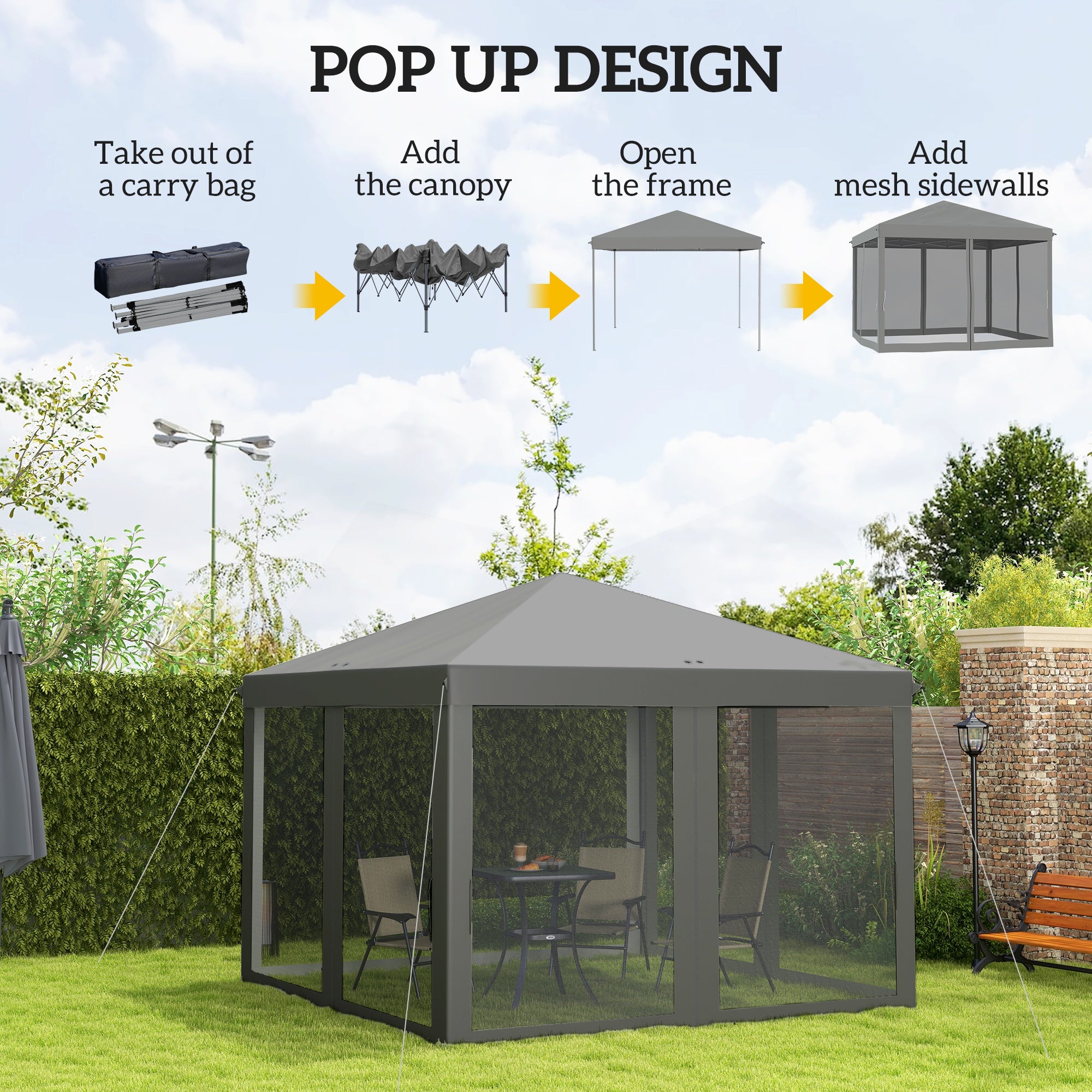 10' x 10' Pop Up Canopy Tent Gazebo, Foldable Canopy Tent with Zipper Mesh Sidewalls, Light Grey