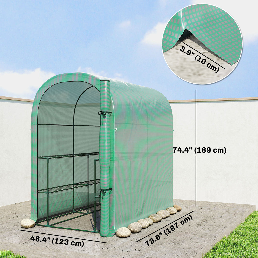 Walk-in Mini Greenhouse with Shelves, Portable Outdoor Greenhouse with Roll-up Door, 123 x 187 x 189 cm, Green