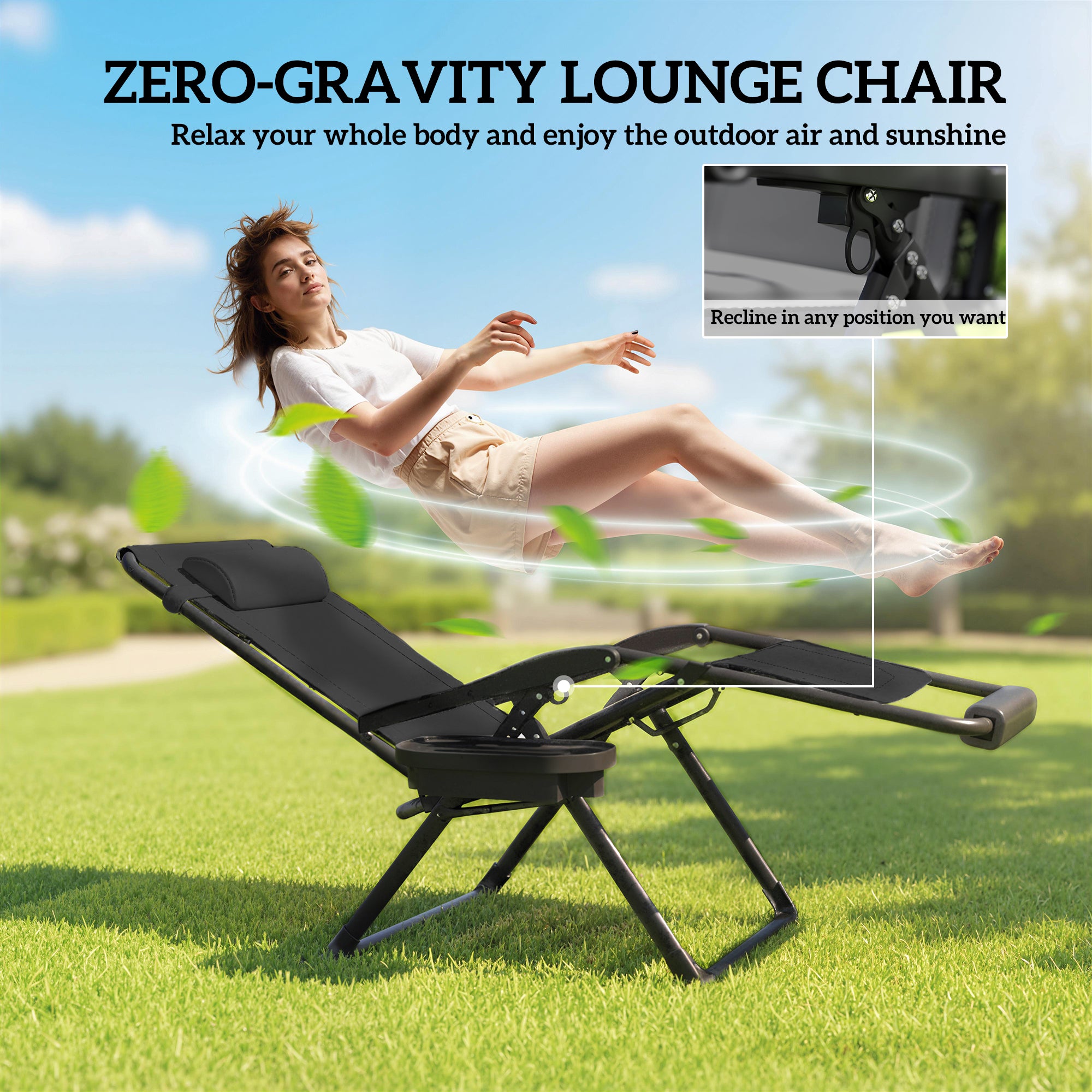 Zero Gravity Chair, Reclining Outdoor Lounger Chair with Cup Holder, 400 LBS Capacity, Black