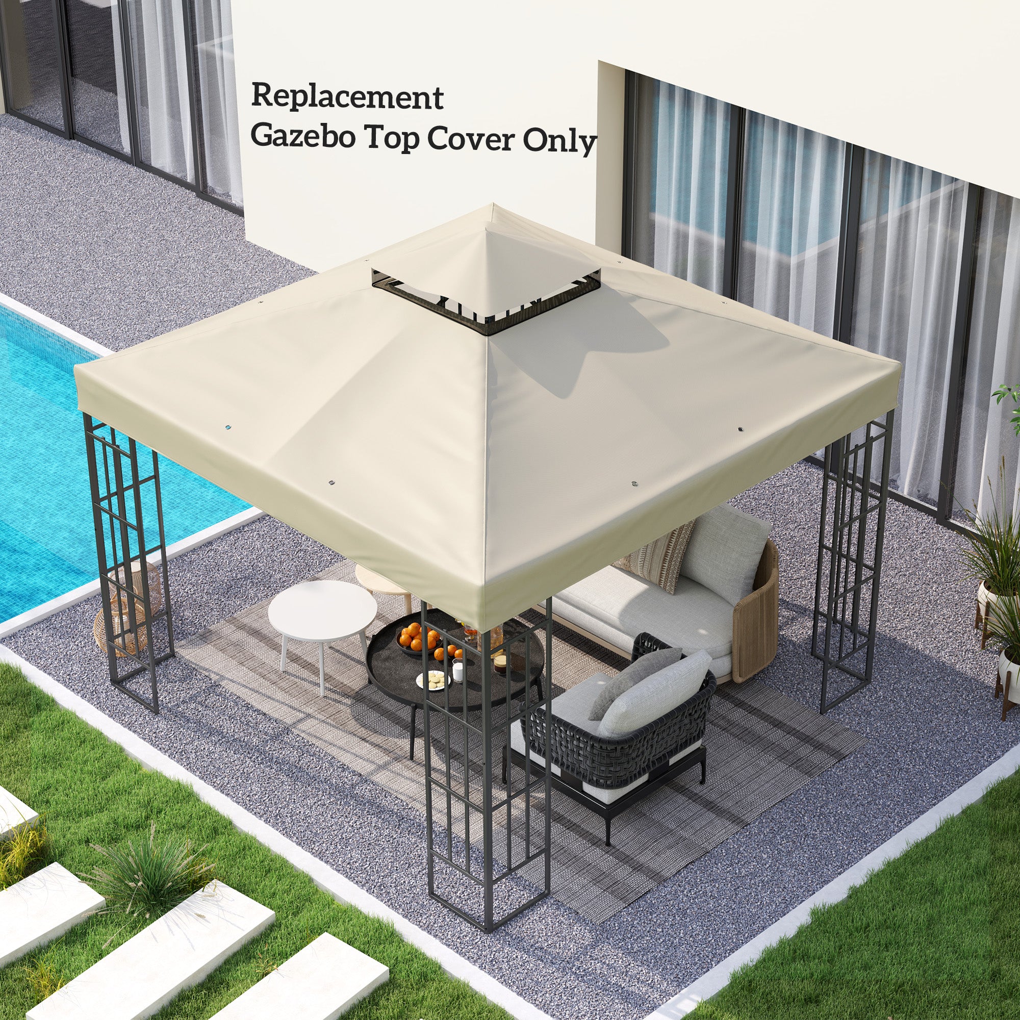 10' x 10' Gazebo Canopy Replacement Cover, 2-Tier Garden Gazebo Roof Replacement, UPF30+, TOP COVER ONLY, Cream White