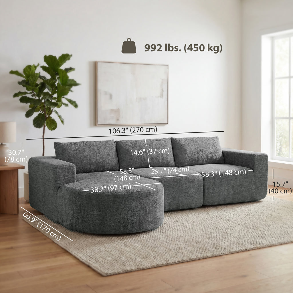 L Shaped Cloud Boneless Couch, Modular Sectional Sofa with Chaise and Deep Seat for Living Room, Bedroom, Dark Grey