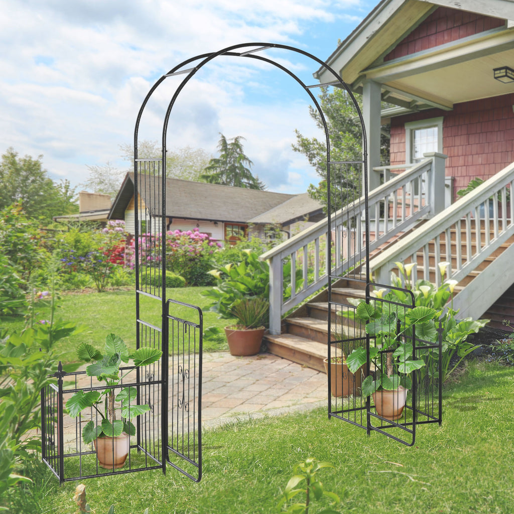7.2FT Metal Garden Arch with Gate, 2 Side Planter Baskets, Garden Arbor Archway Trellis for Roses and Climbing Plants, Black