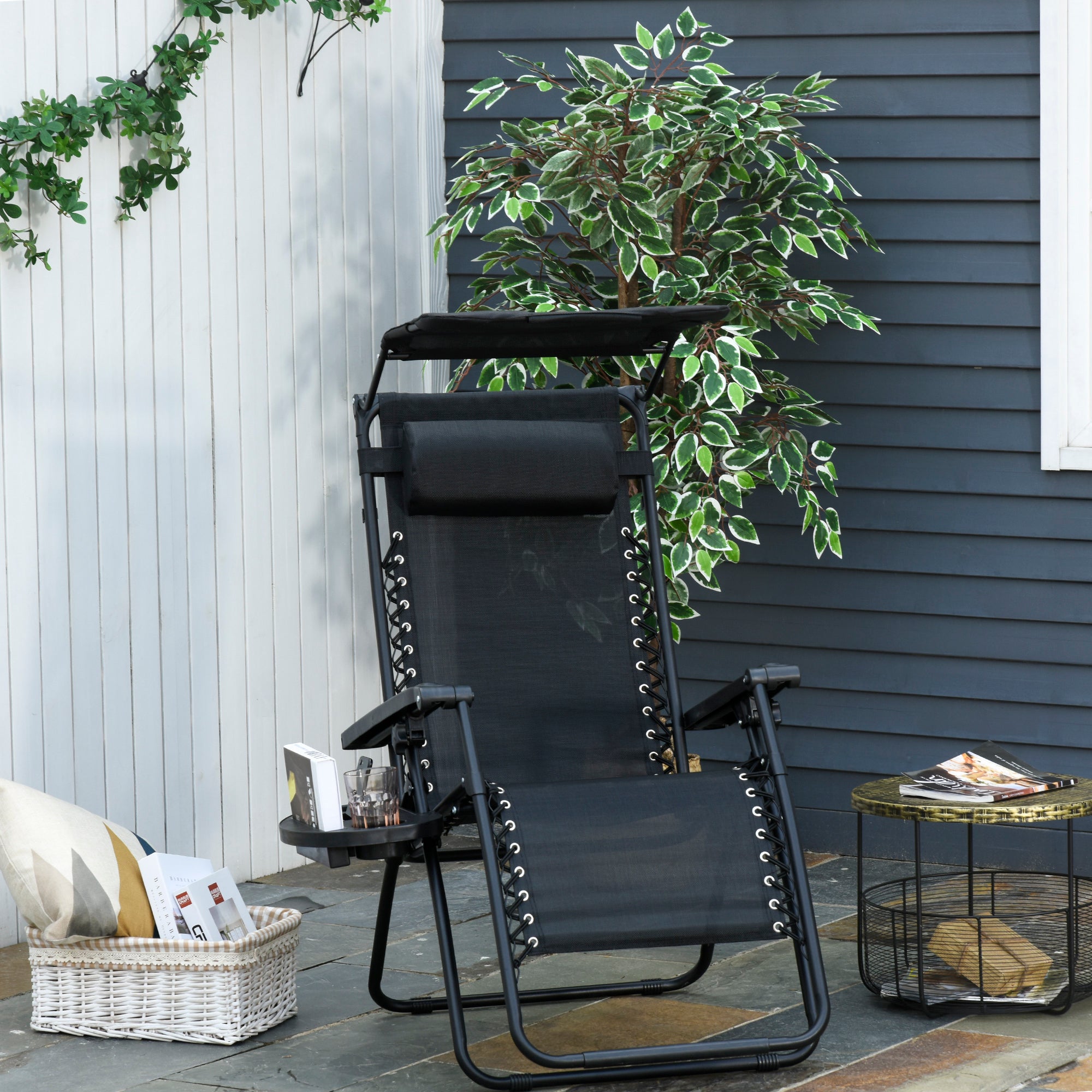 Outdoor Zero Gravity Reclining Lounger Chair with Canopy Shade, Side Tray, Cupholder, Black
