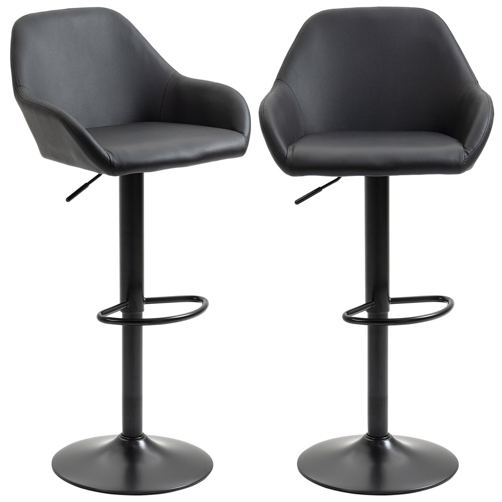 Adjustable Bar Stools Set of 2, Swivel Barstools with Footrest and Back, PU Leather and Steel Round Base, Black