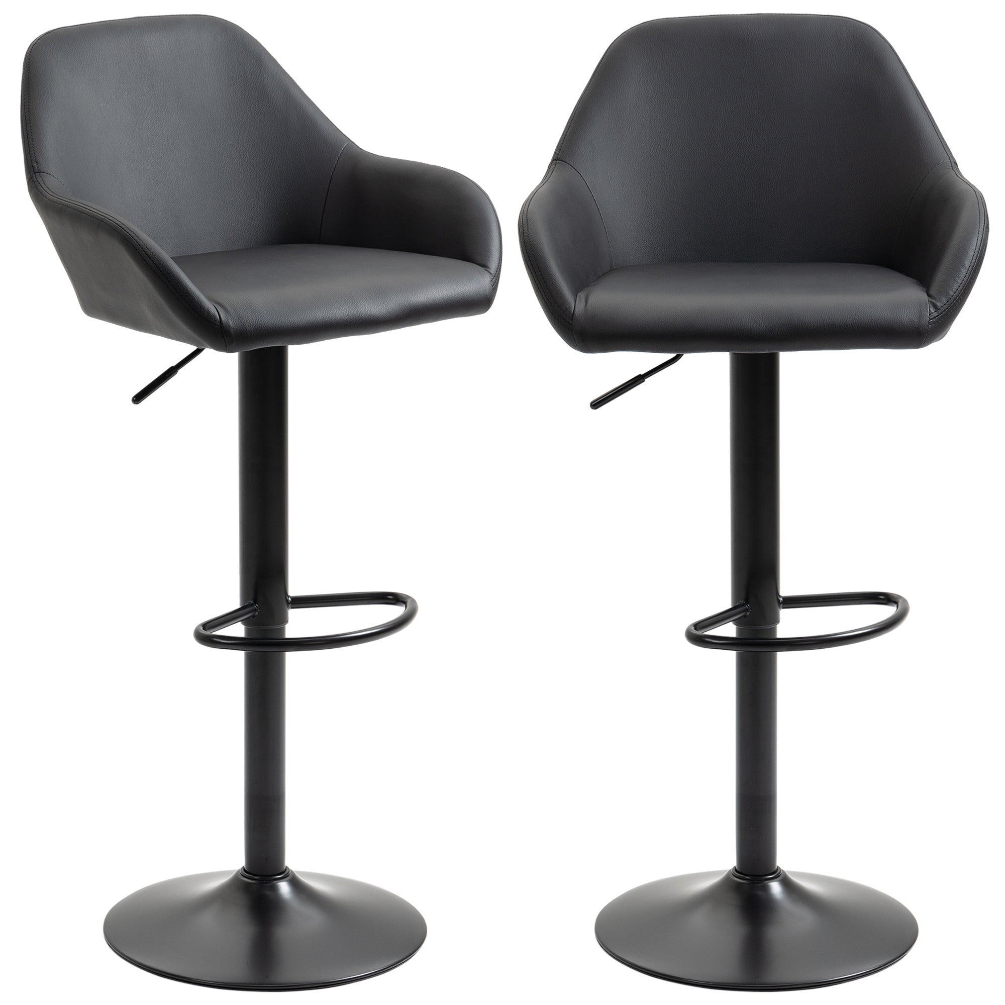 Adjustable Bar Stools Set of 2, Swivel Barstools with Footrest and Back, PU Leather and Steel Round Base, Black