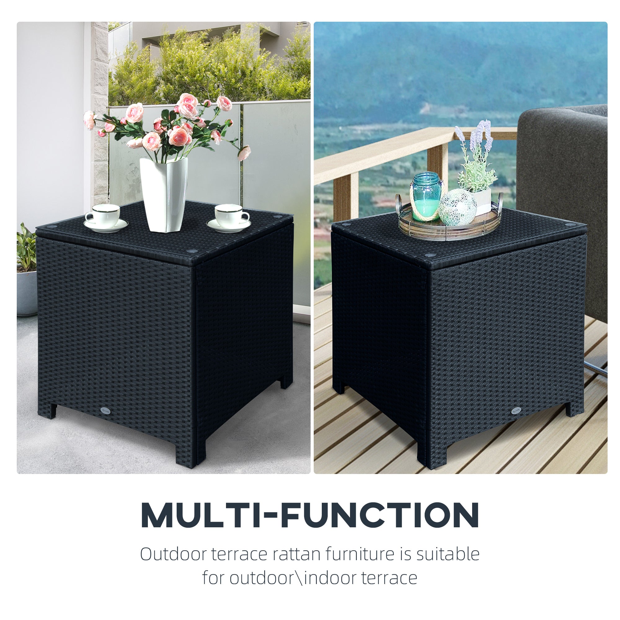 Rattan Side Table Wicker Coffee Table with Glass Top Outdoor Patio Furniture For Patio Poolside Garden Lawn, Black