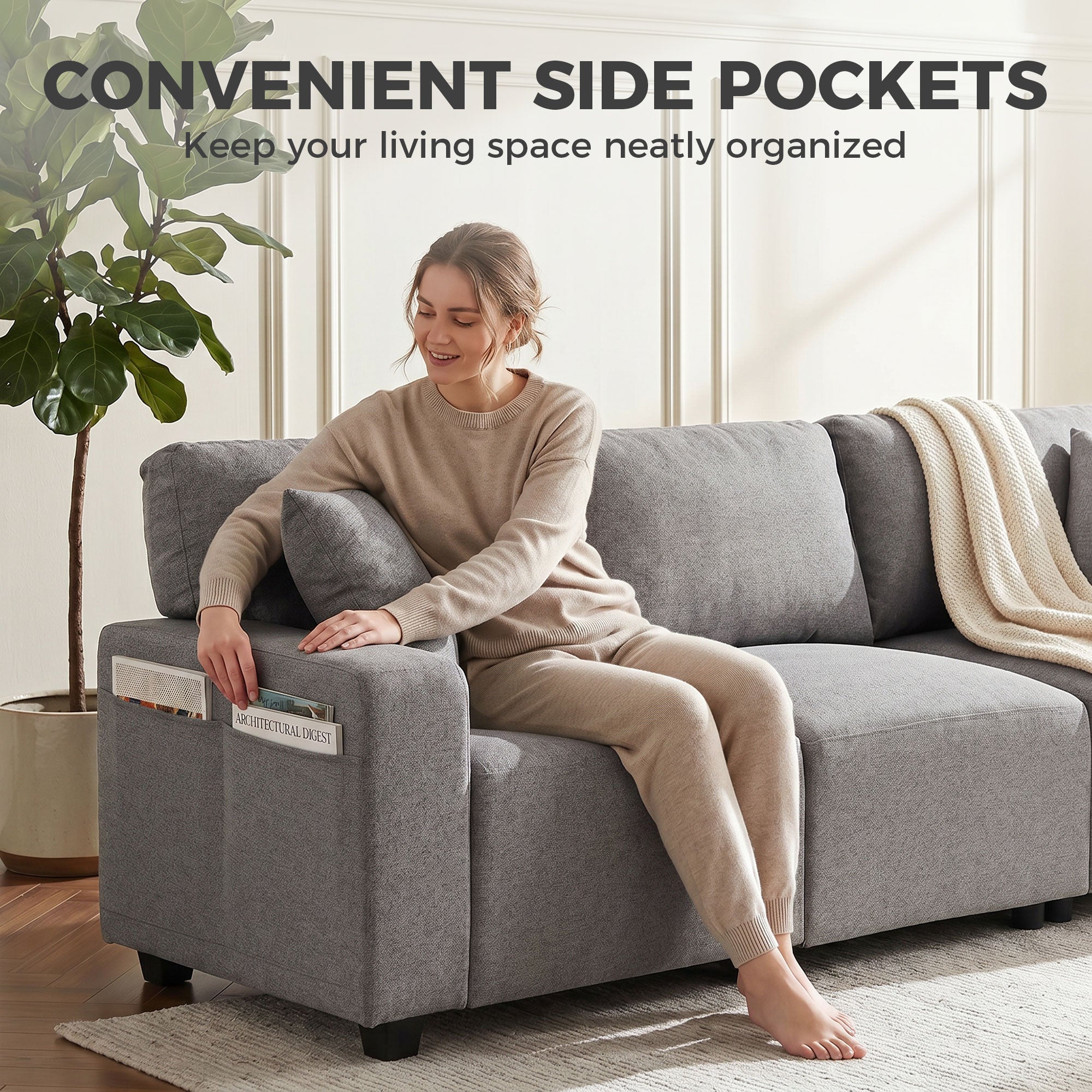 3 Seater Sofa with Storage Pockets, Modern Upholstered Couch with Pocket Springs, Grey