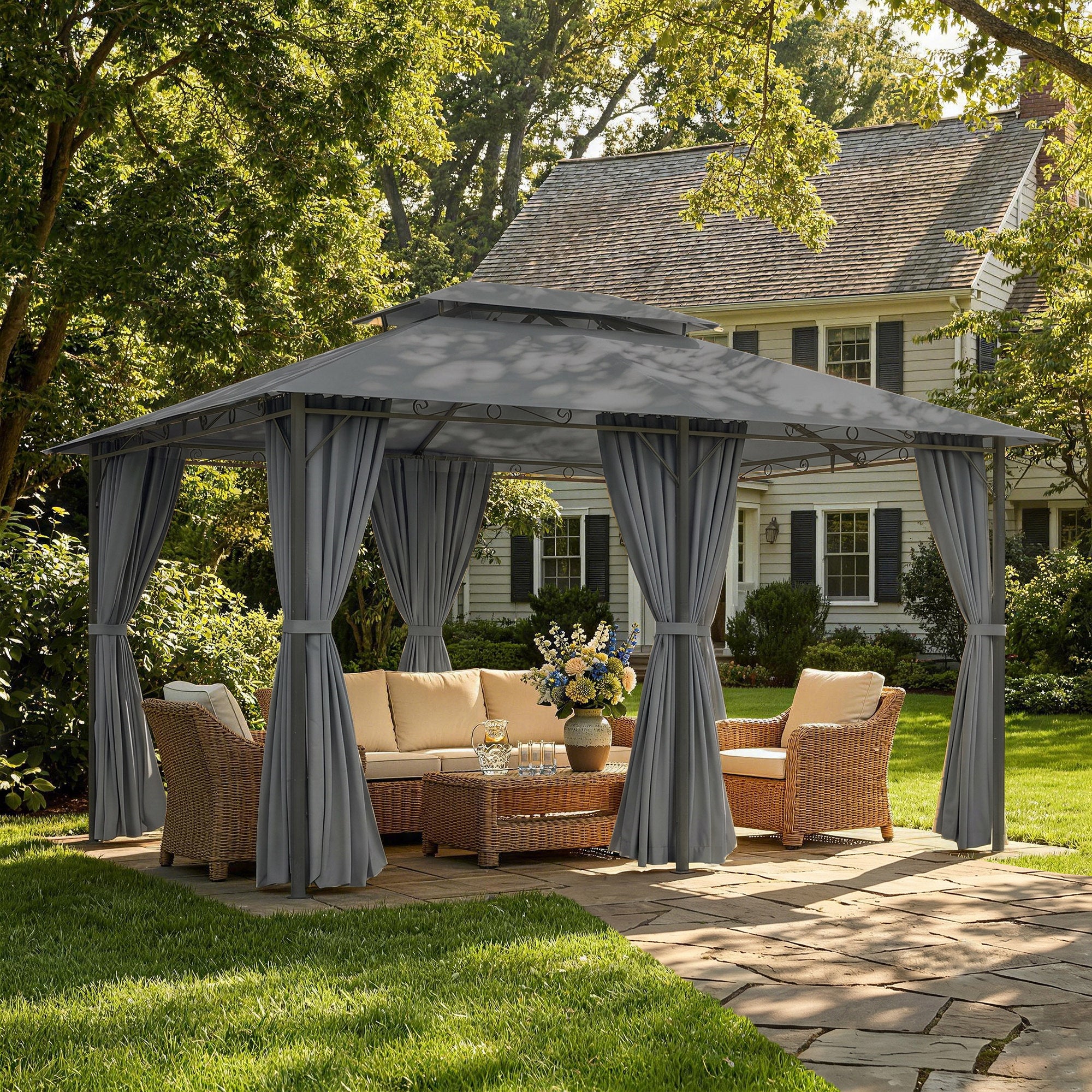 13'L x 10'W x 8.7'H Patio Gazebo Outdoor 2-Tiers Garden Canopy Yard Sunshade Shelter with Curtains, Grey
