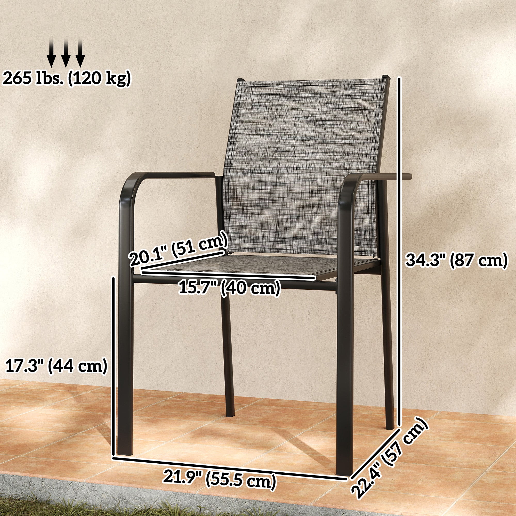 Stackable Patio Chairs Set of 4, Outdoor Dining Chairs with 20" Deep Seat, All Weather Breathable Mesh, Armrests, Grey