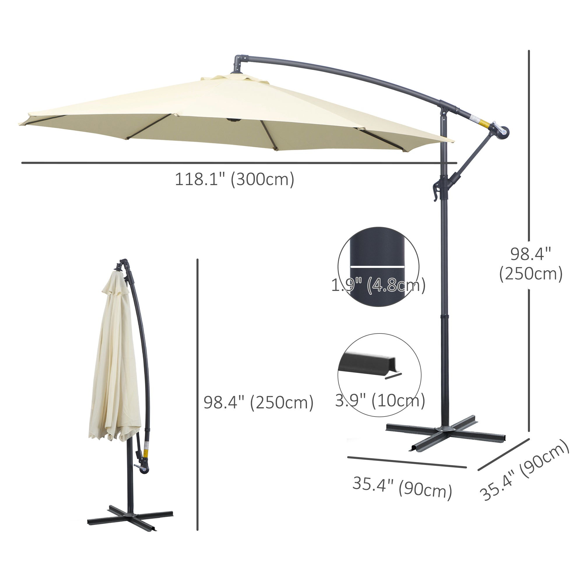 Î¦10' Deluxe Cantilever Umbrella Outdoor Market Parasol Banana Hanging Offset Sunshade Crank Cross Base Beige
