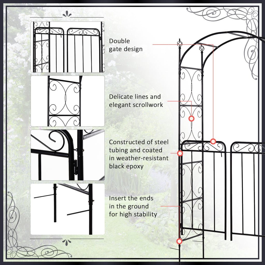 7' Metal Garden Arbor Arch with Scrollwork Doors for Ceremony, Weddings, Party, Backyard, Lawn