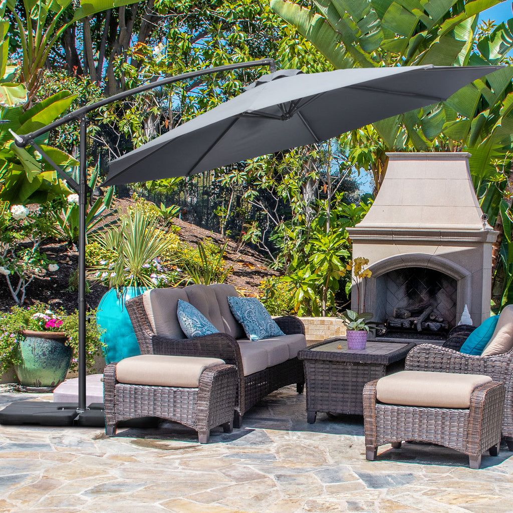 9.6ft Offset Patio Umbrella Garden Hanging Parasol Banana Cantilever Umbrella with Base, Crank, Dark Grey